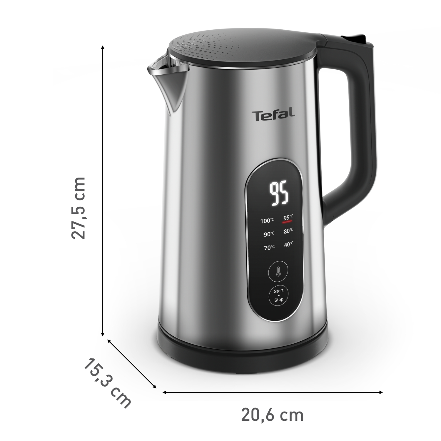 A silver Tefal electric kettle with a black handle and lid. Dimensions are displayed. The digital display shows '95'.