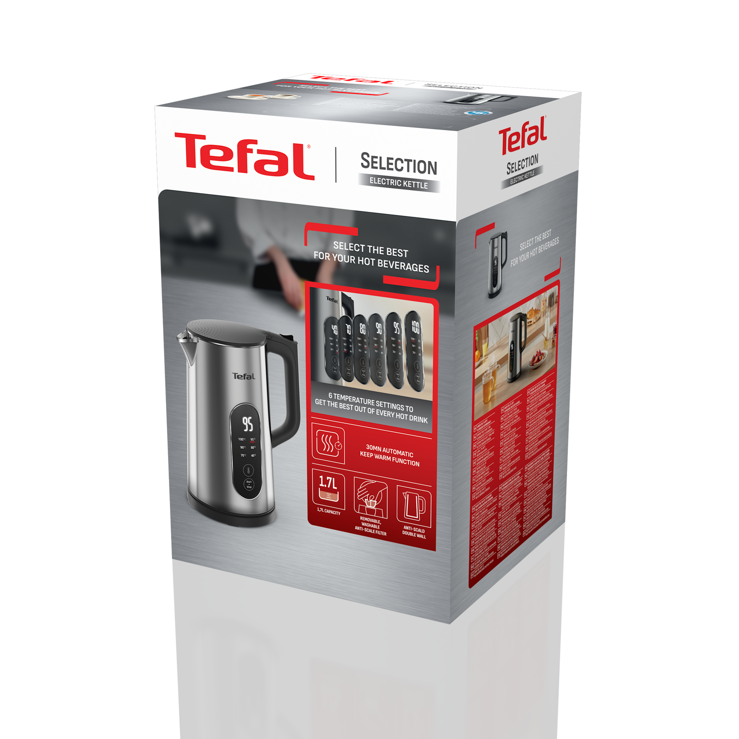 A Tefal electric kettle box. It displays the product with features like temperature settings and a 1.7L capacity.
