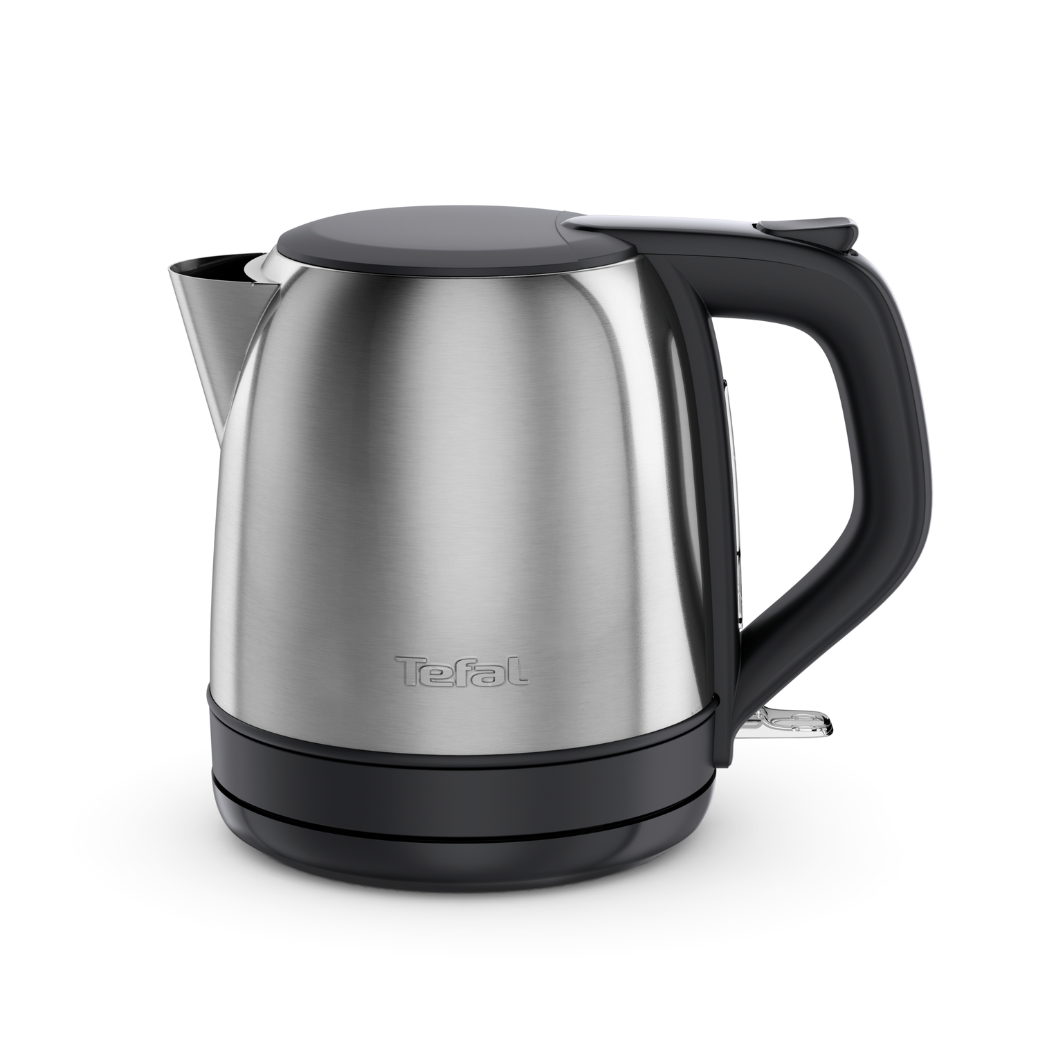 A stainless steel Tefal electric kettle with a black handle, lid, and base, set against a white background. The kettle is new.