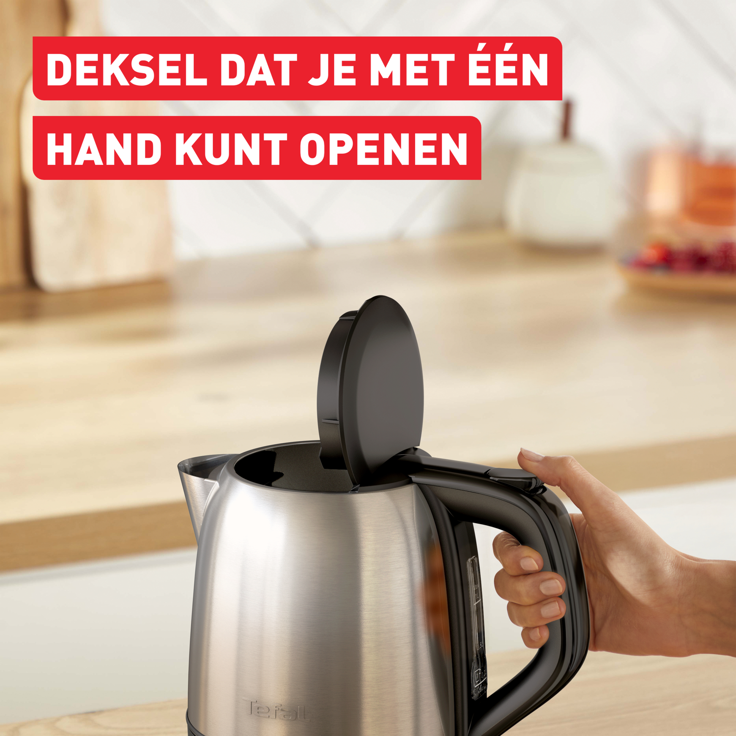 A hand opens a black lid of a metallic electric kettle. Text says 'Lid that you can open with one hand'.
