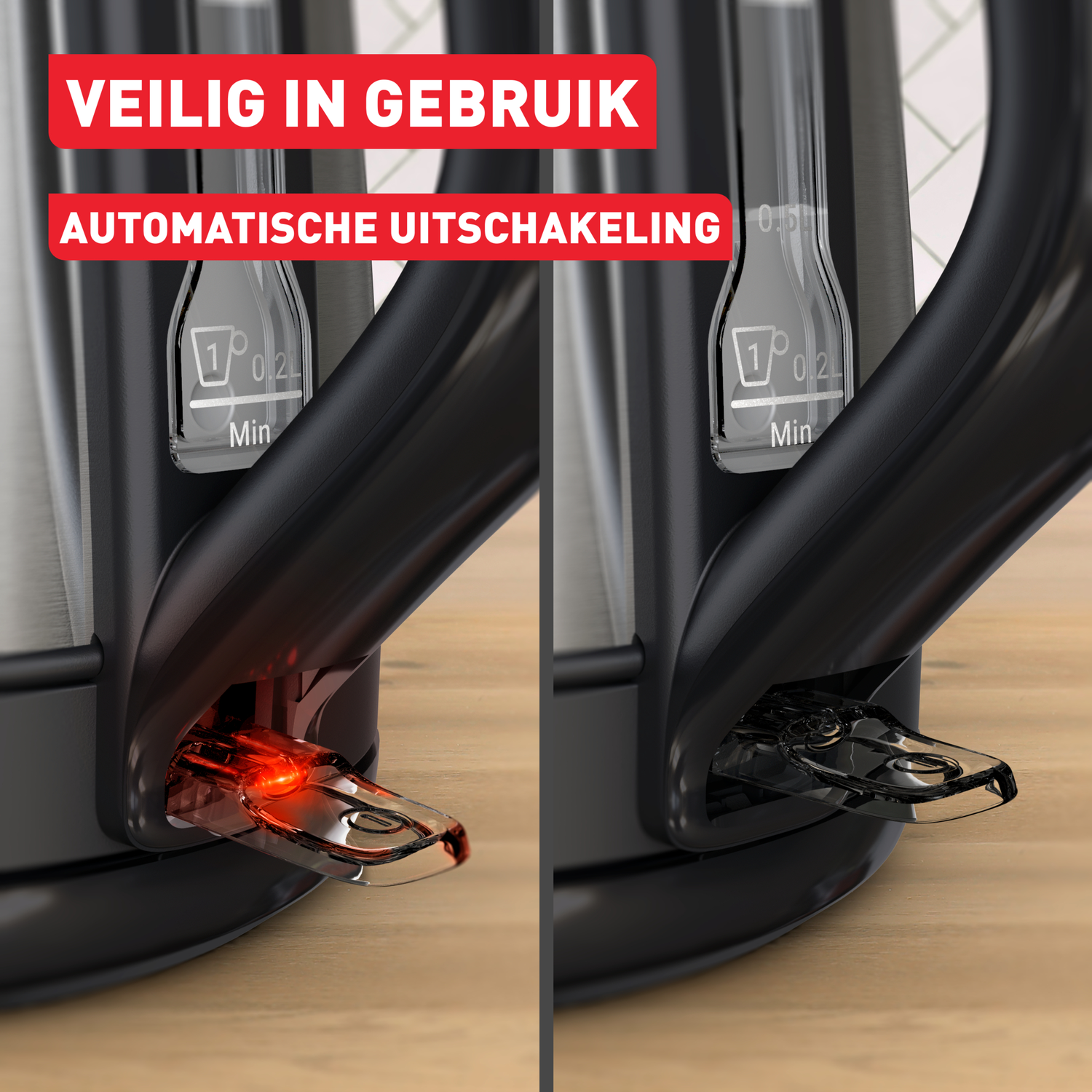 Kettle detail. One side shows an illuminated red switch, the other a clear switch. Text says 'Safe to use' and 'Automatic shutdown'.
