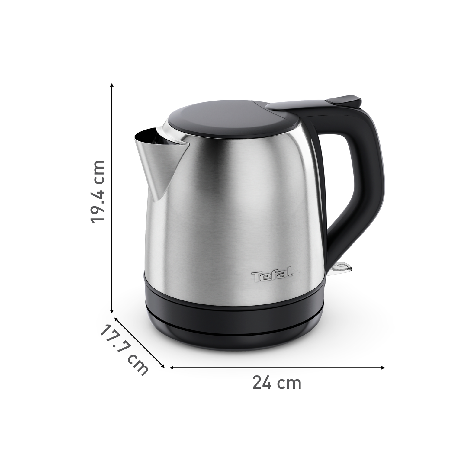 Stainless steel electric kettle with black base and handle. It has a lid and spout. Dimensions are displayed.