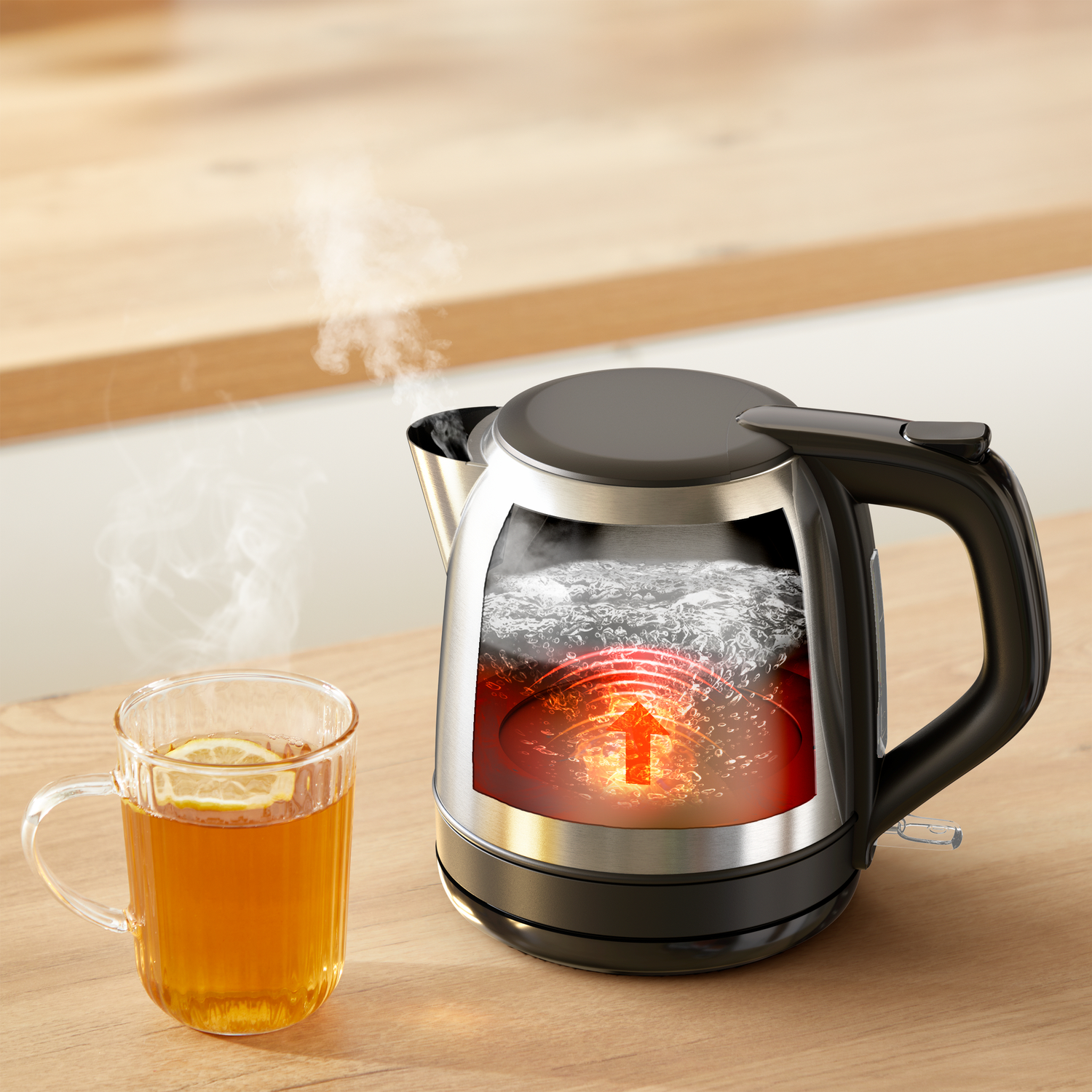 A kettle with a cross-section showing boiling water. A cup of tea with lemon is on the left. The scene is set on a wooden table.