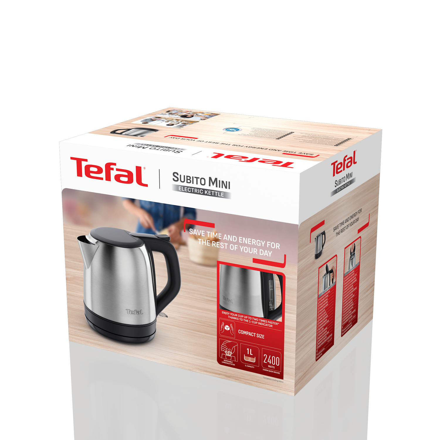 A Tefal Subito Mini electric kettle and its packaging. The kettle is silver and black. The box highlights features and branding.