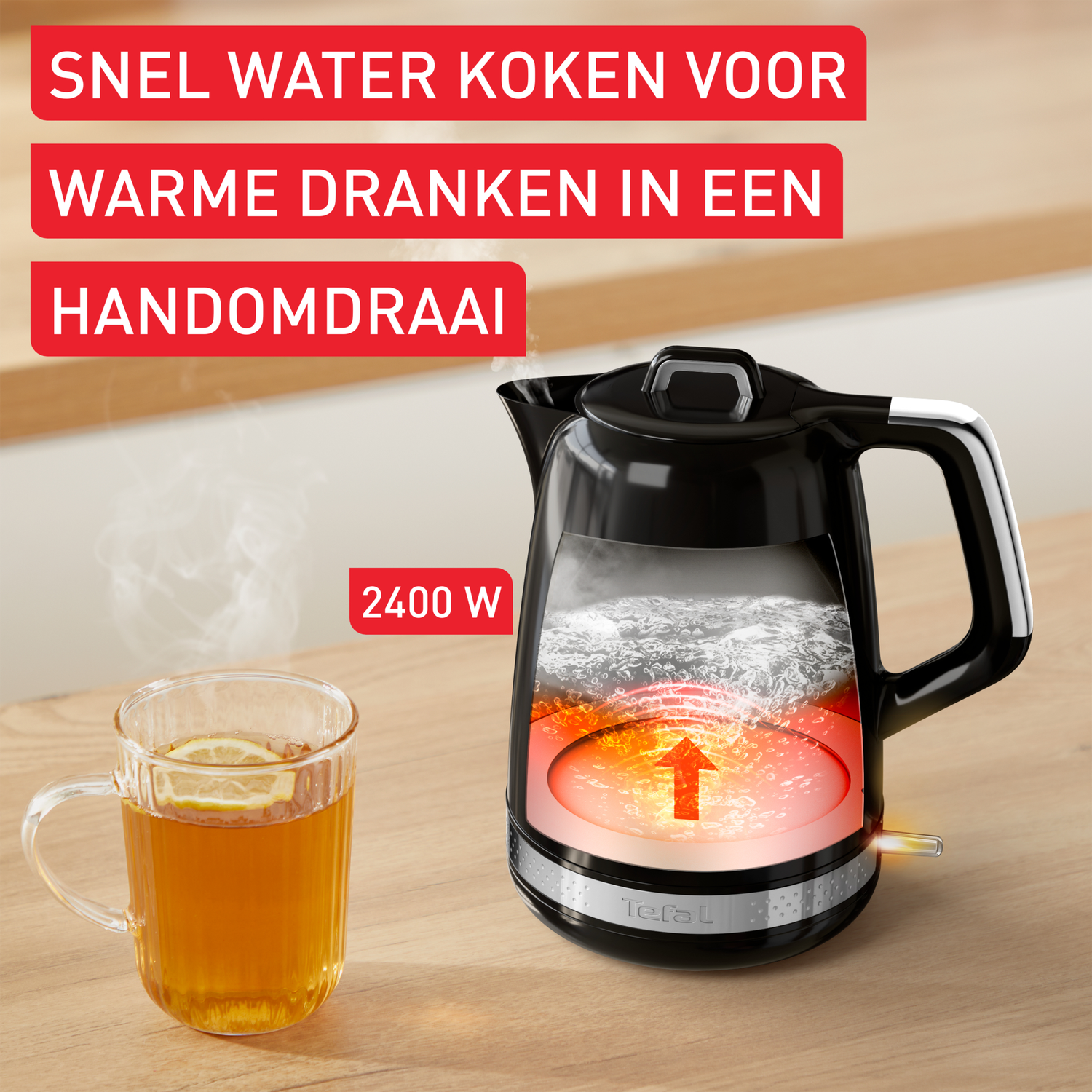 A black kettle with boiling water, a cup of tea with lemon, and text in Dutch. A visual representation of fast heating.