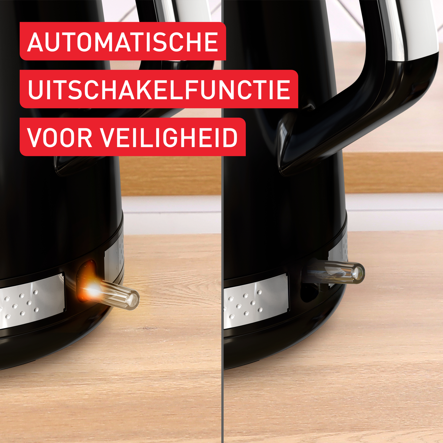 Black kettle with automatic switch-off function. The transparent tube is lit orange on the left and dark on the right, placed on wood.