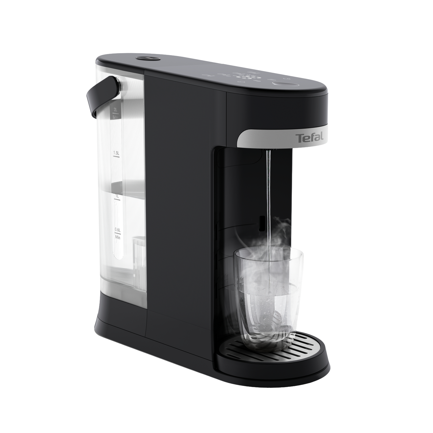 Un distributeur d'eau Tefal noir distribue de l'eau chaude dans un verre. Il possède un réservoir d'eau transparent à gauche.