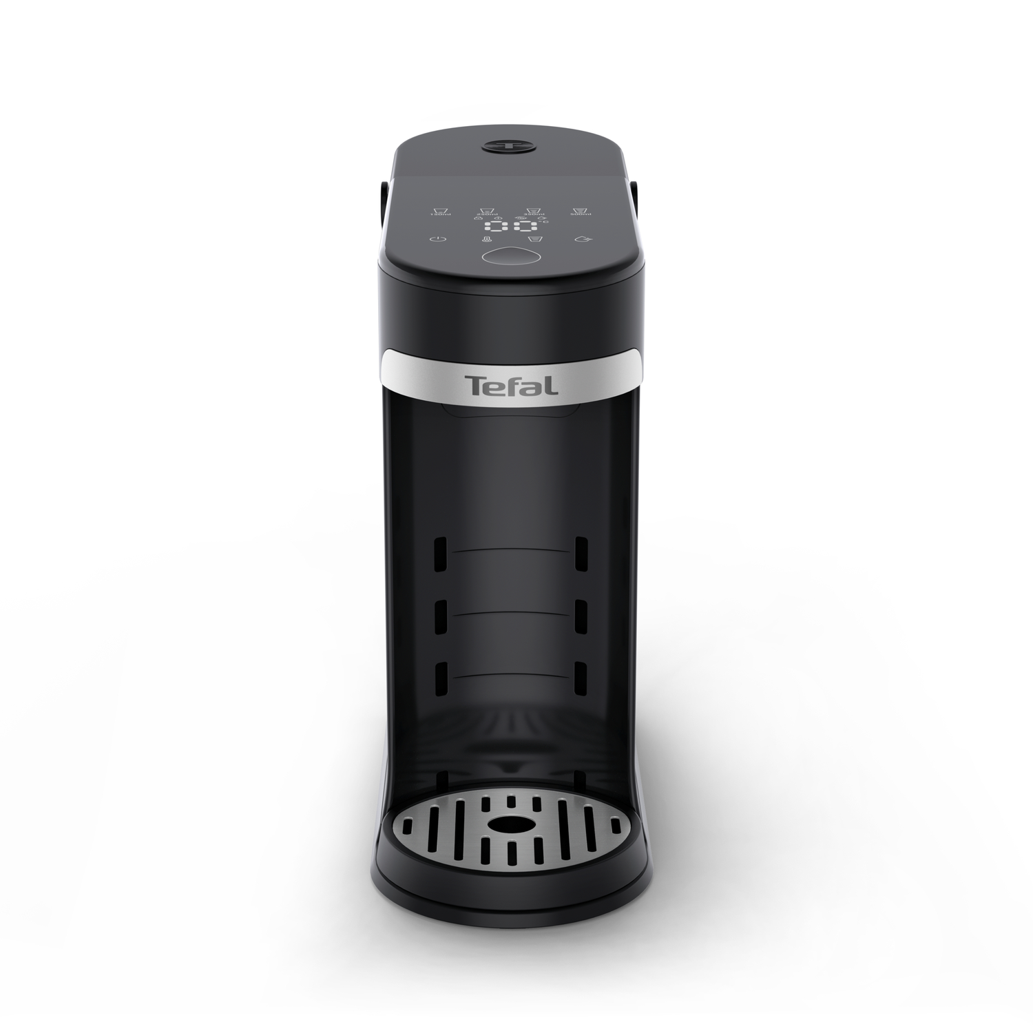 Machine à café Tefal noire et argentée sur fond blanc. Elle possède un écran numérique et un bec verseur en bas.
