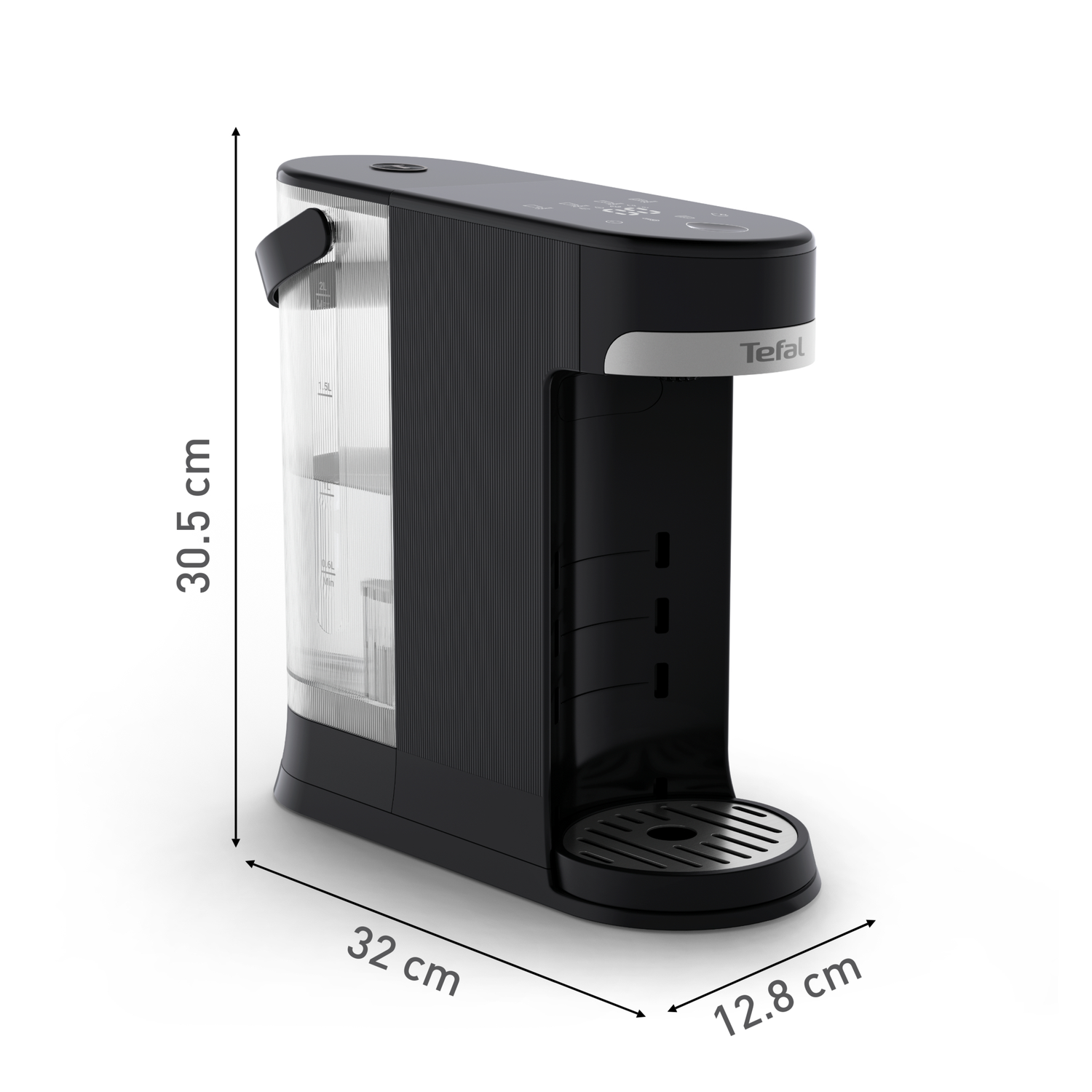Machine à eau Tefal noire et argentée avec dimensions. Comprend un réservoir d'eau transparent et une base circulaire.