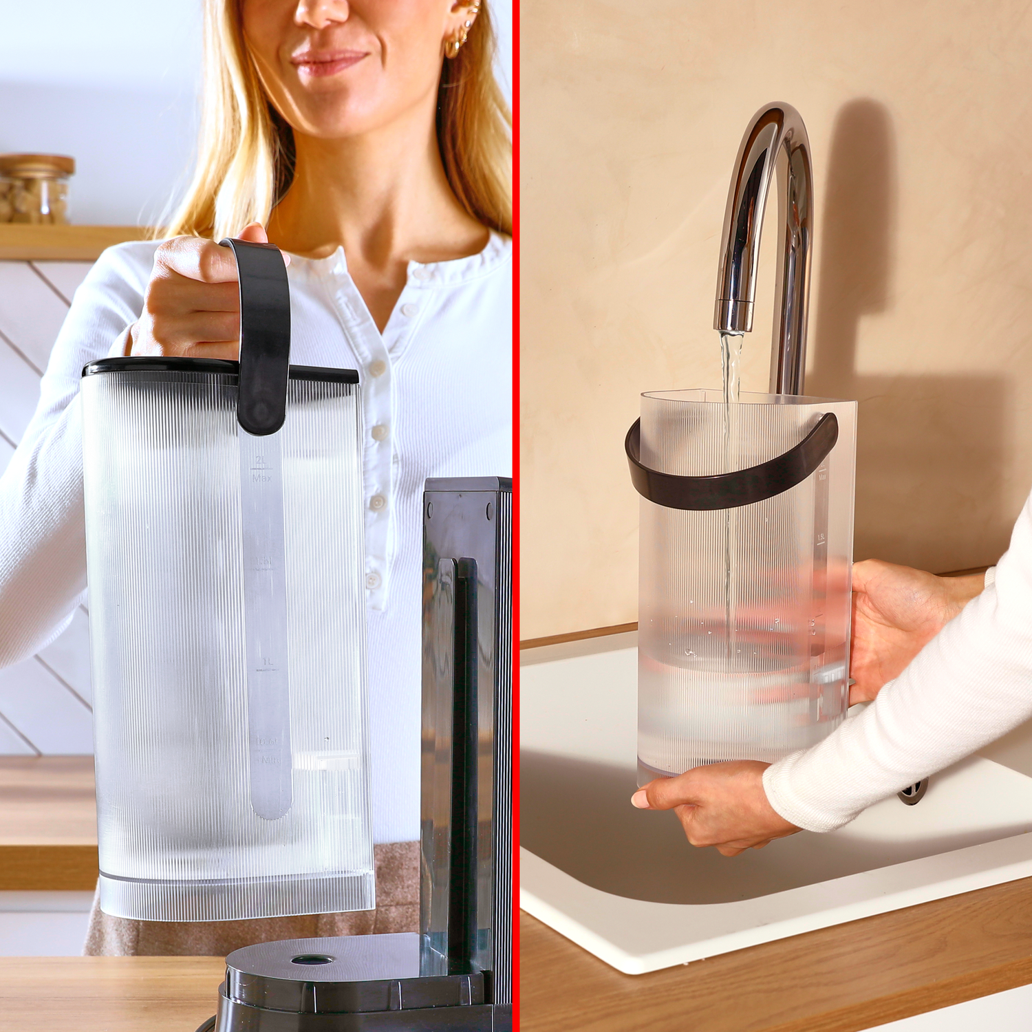 Une femme tient un récipient d'eau avec une poignée noire. De l'eau est versée dans le récipient depuis un robinet.