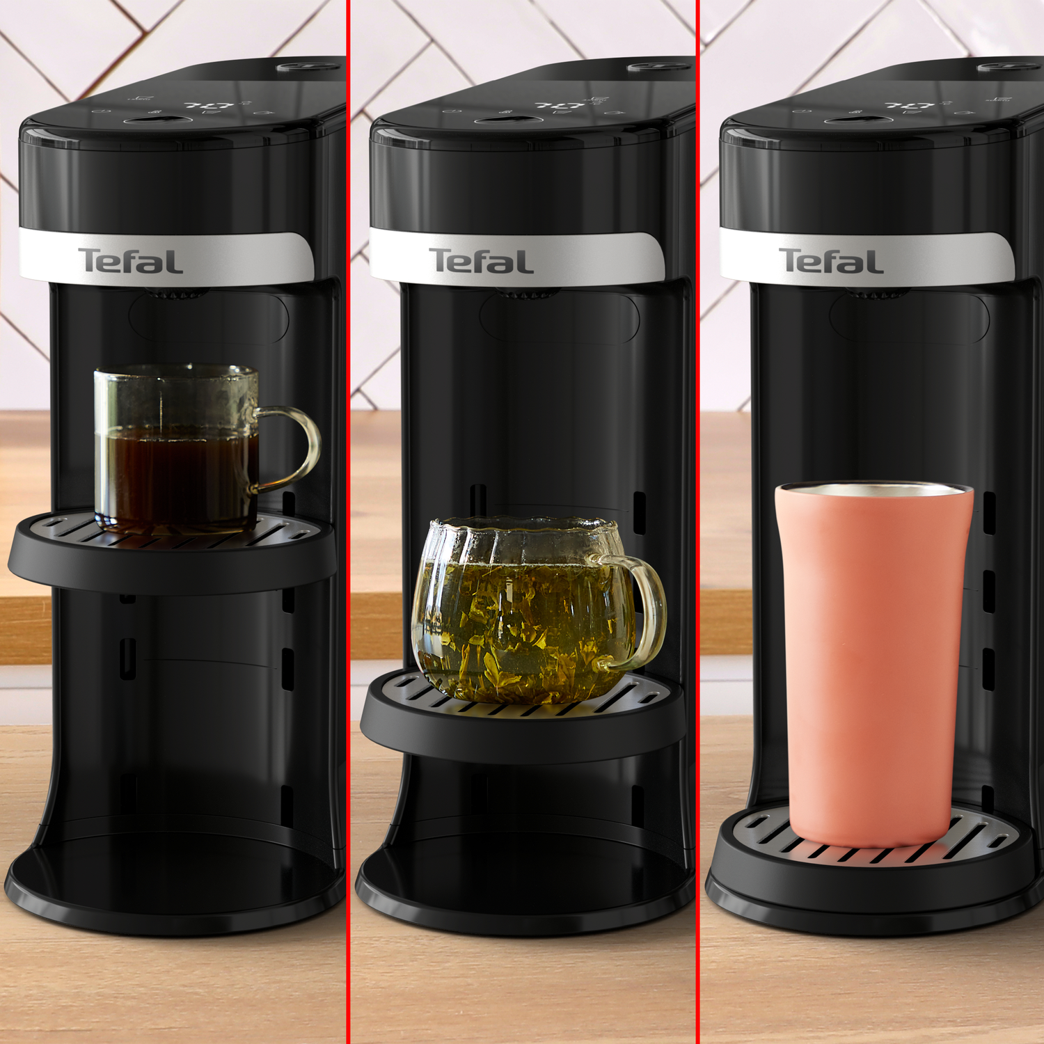 Une machine à café Tefal noire avec trois tasses différentes : café, thé et une tasse rose. Elles sont sur une surface en bois avec un fond de carreaux blancs.