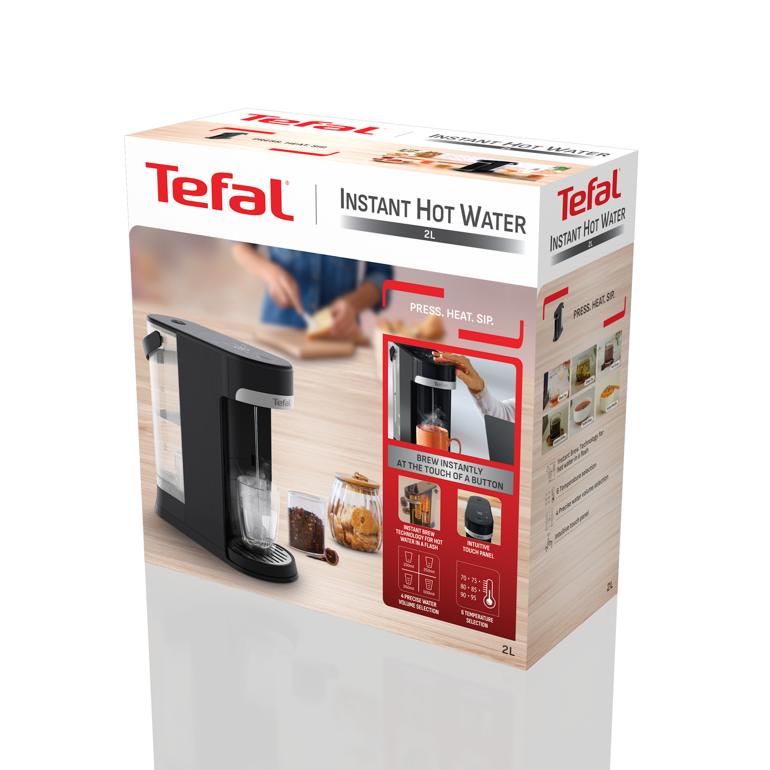 Boîte du distributeur Tefal Instant Hot Water. Appareil noir, verre et bocaux visibles. Le texte met en avant les fonctions.