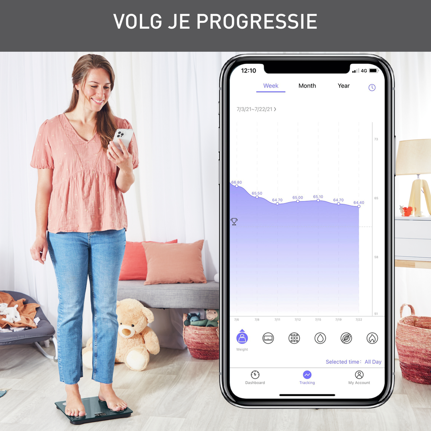 Woman stands on scale, checks phone showing weight graph. Teddy bear and baby items in the background.