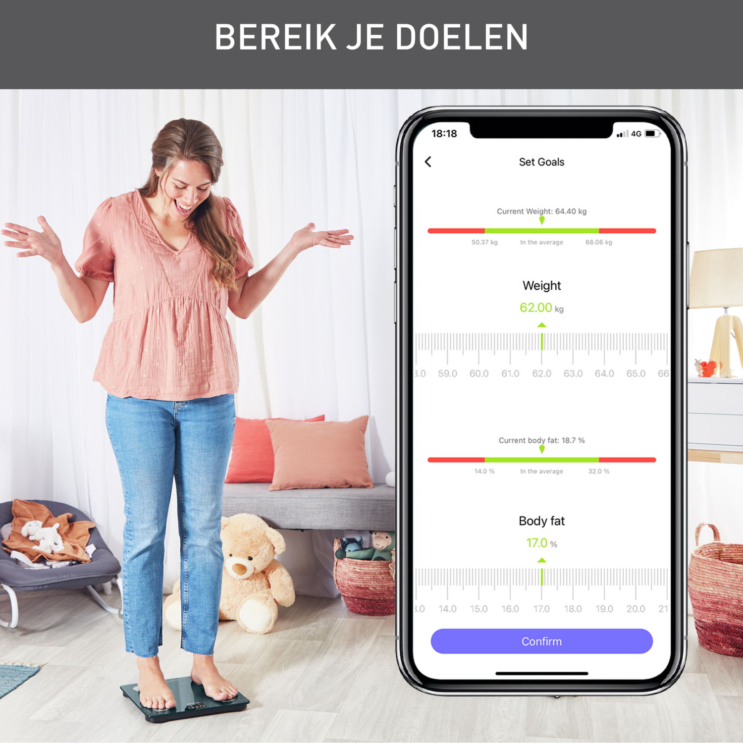 Woman stands on a scale, displaying weight and body fat on a phone screen. Toys and a crib are in the background.