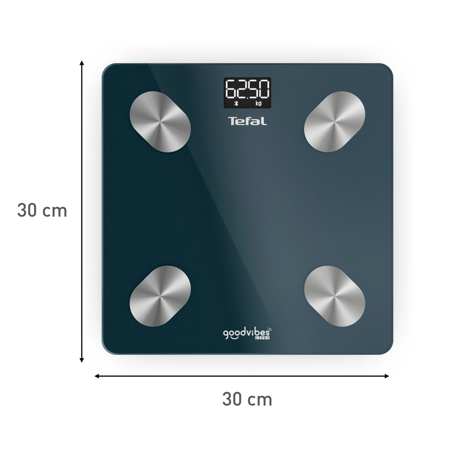 A teal Tefal digital scale, with four silver pads. It displays 62.50 kg. Dimensions: 30x30cm. The brand name and 'goodvibes' are visible.