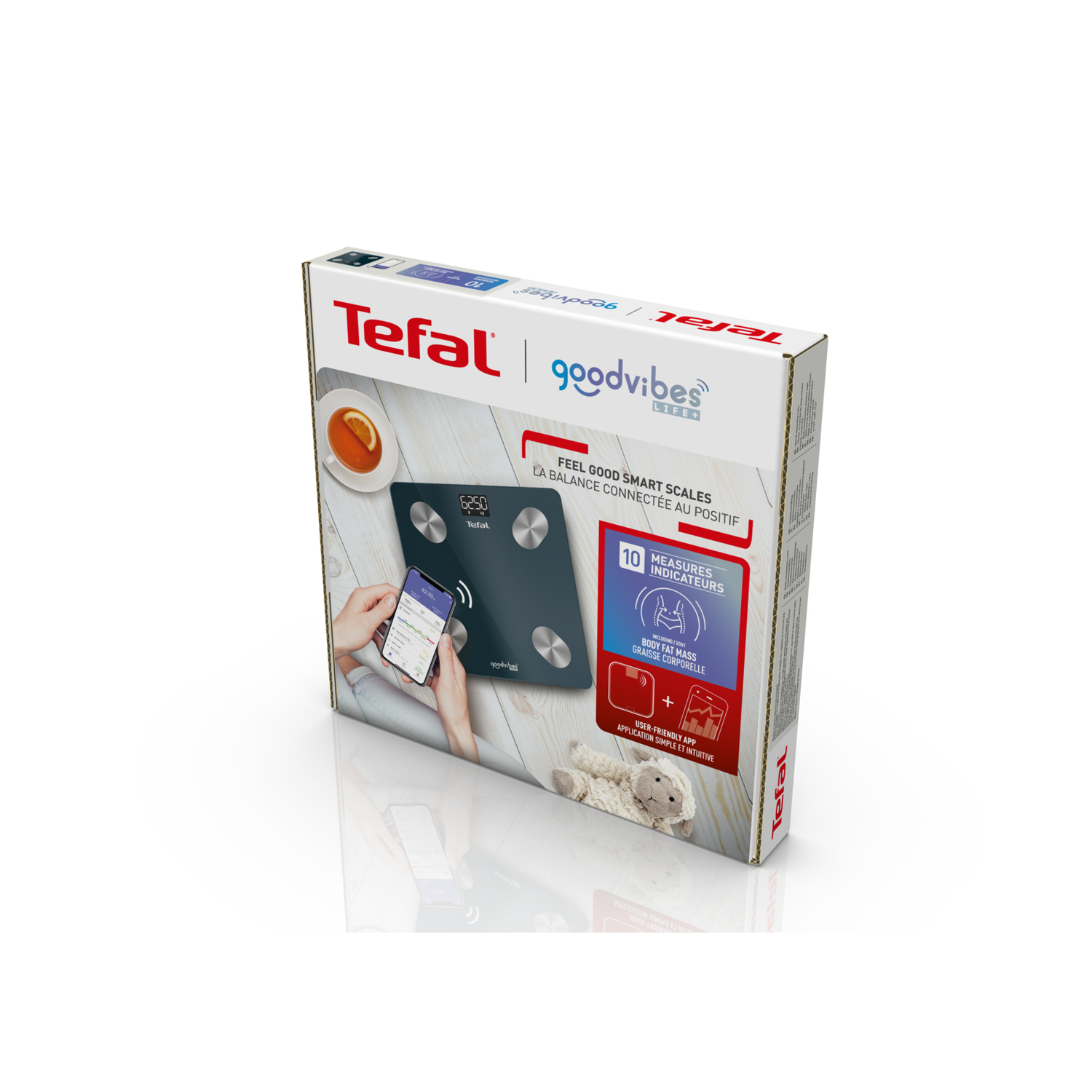 A Tefal Goodvibes smart scale box shows the scale, a phone app, and product features like body fat mass.