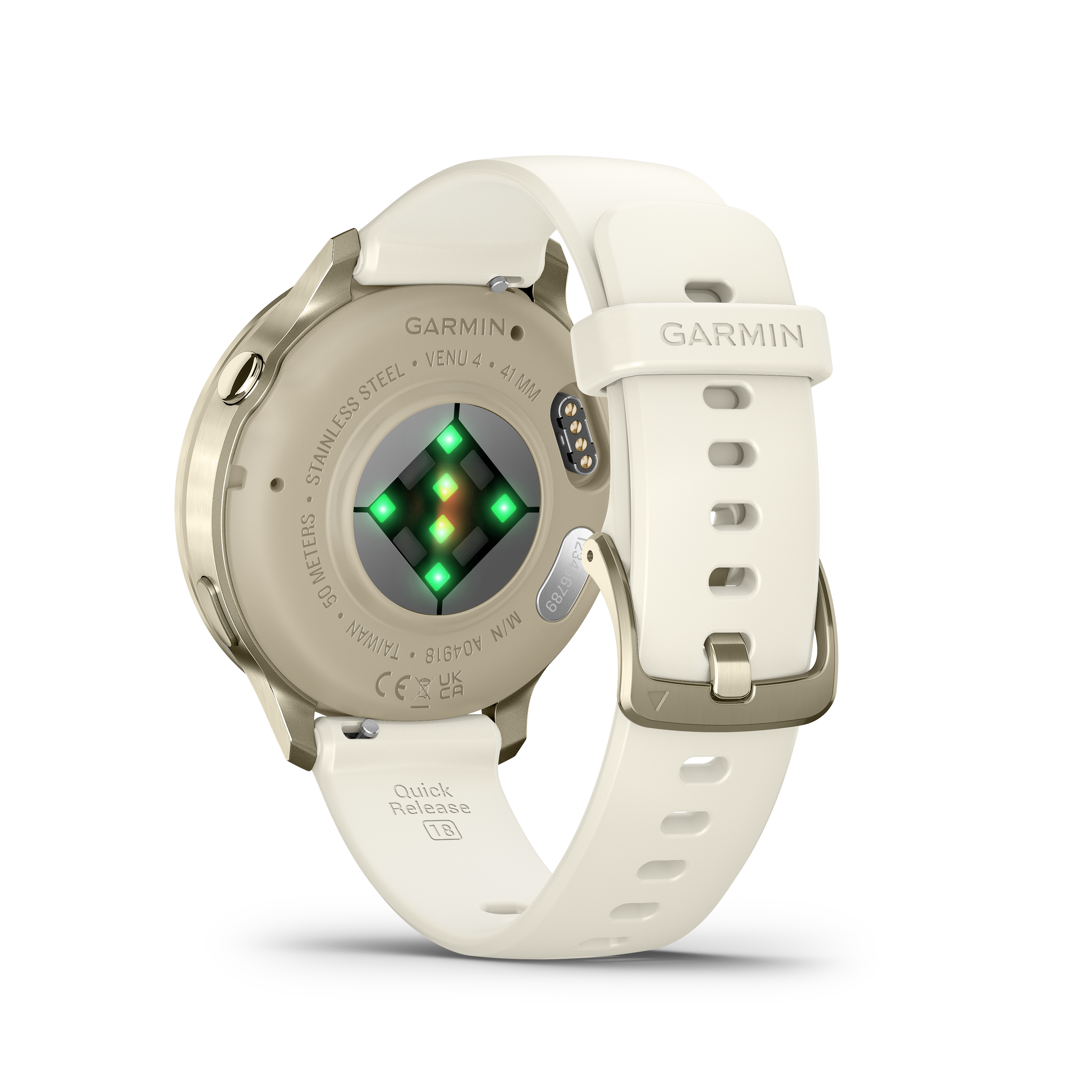 Eine Garmin Venu 4 Smartwatch mit cremefarbenem Armband und silbernem Gehäuse. Die Rückseite der Uhr zeigt Sensoren und Branding.