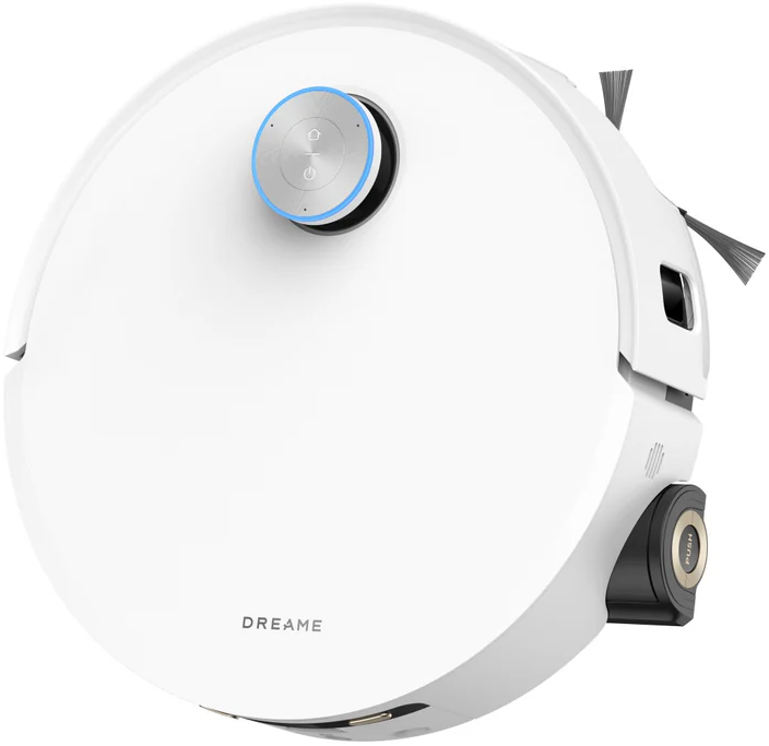 Un aspirateur robot Dreame blanc. Il a une forme ronde avec un panneau de contrôle et une brosse latérale. Le mot DREAME est imprimé dessus.