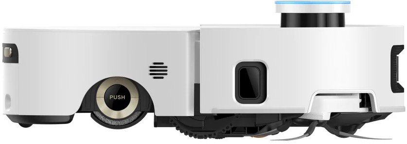 Un robot aspirateur blanc. Il possède un bouton circulaire avec l'inscription 'PUSH'. Le dessus a une lumière bleue.