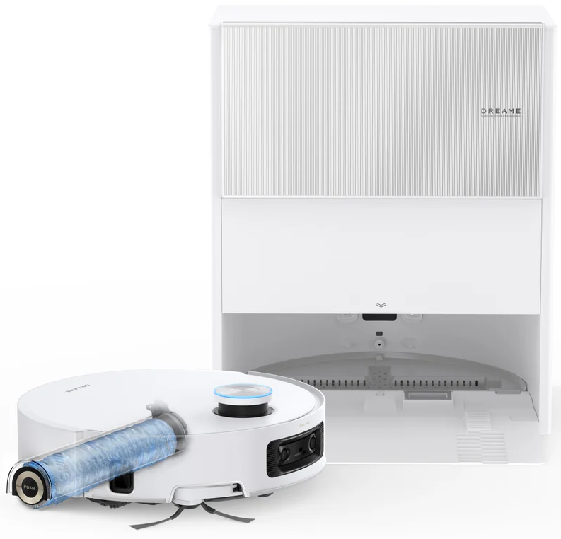 Un aspirateur robot blanc avec un filtre bleu et une station de charge blanche. L'aspirateur a un capteur noir et un bouton bleu.