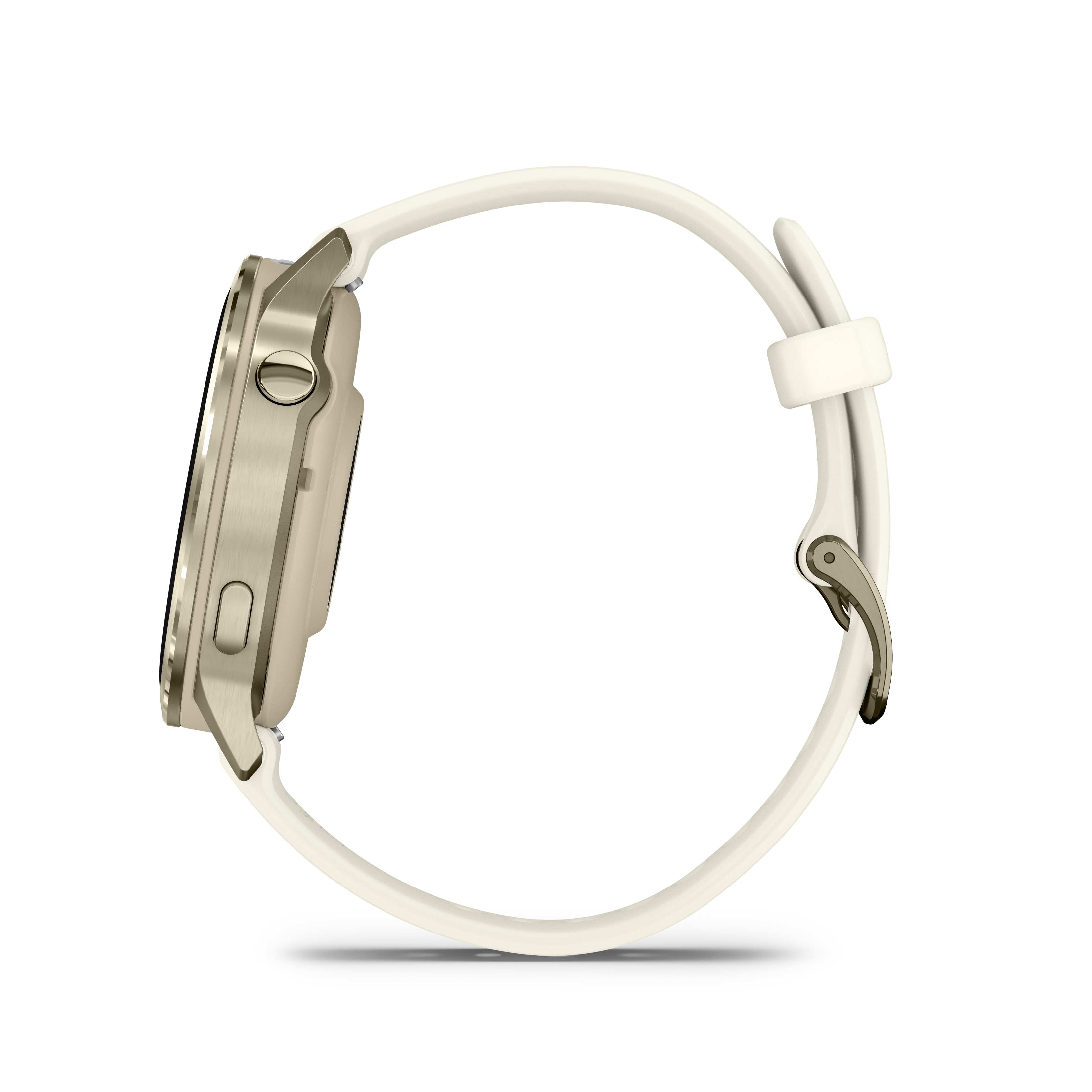 Seitenansicht einer goldenen Smartwatch mit cremefarbenem Armband. Die Uhr steht auf weißem Grund.
