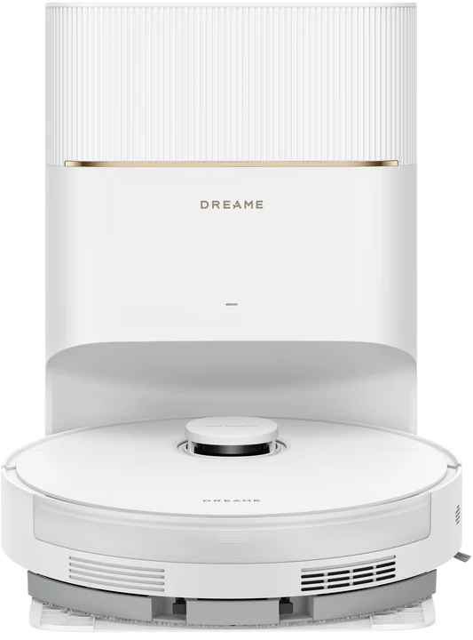 Weißer Dreame-Roboter-Staubsauger mit Dockingstation. Es hat eine goldene Akzentlinie und das Dreame-Logo ist sichtbar.