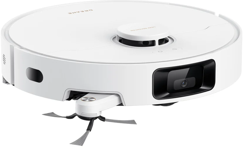 Weißer Roboter-Staubsauger. Merkmale sind ein kreisförmiges Design mit einem zentralen Sensor, Kamera und Seitenbürsten. Dream-Marke sichtbar.