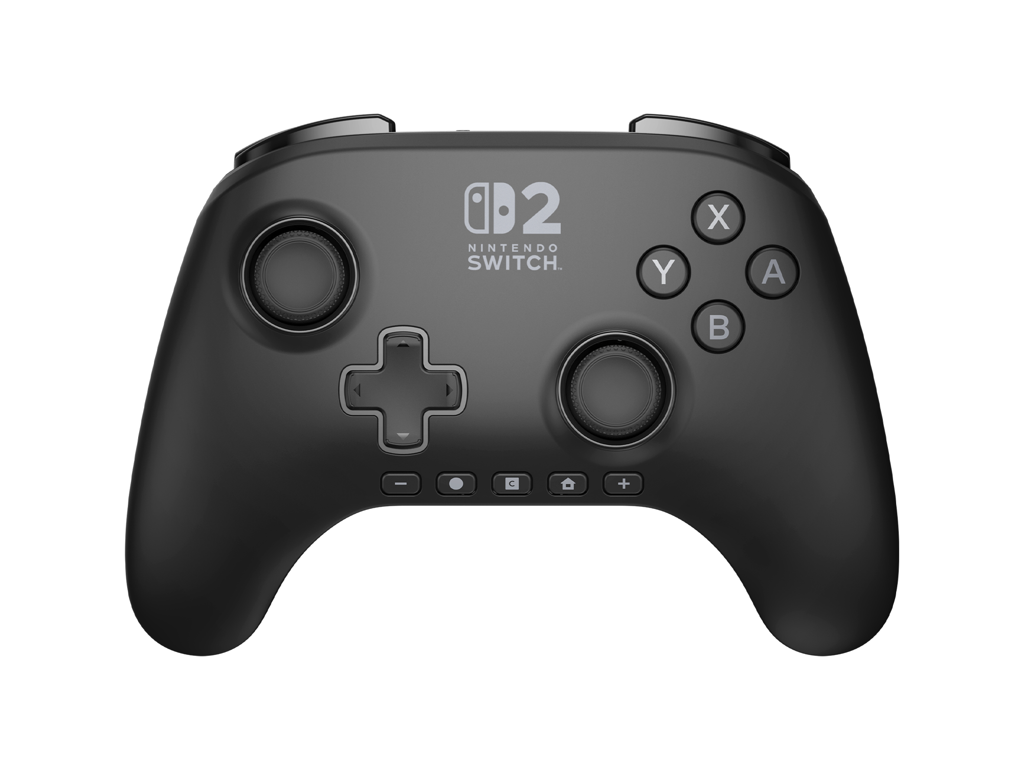 Schwarzer Nintendo Switch-Controller. Verfügt über Tasten, ein Steuerkreuz, Analog-Sticks und ein Nintendo Switch-Logo. Tasten sind X, Y, A, B.