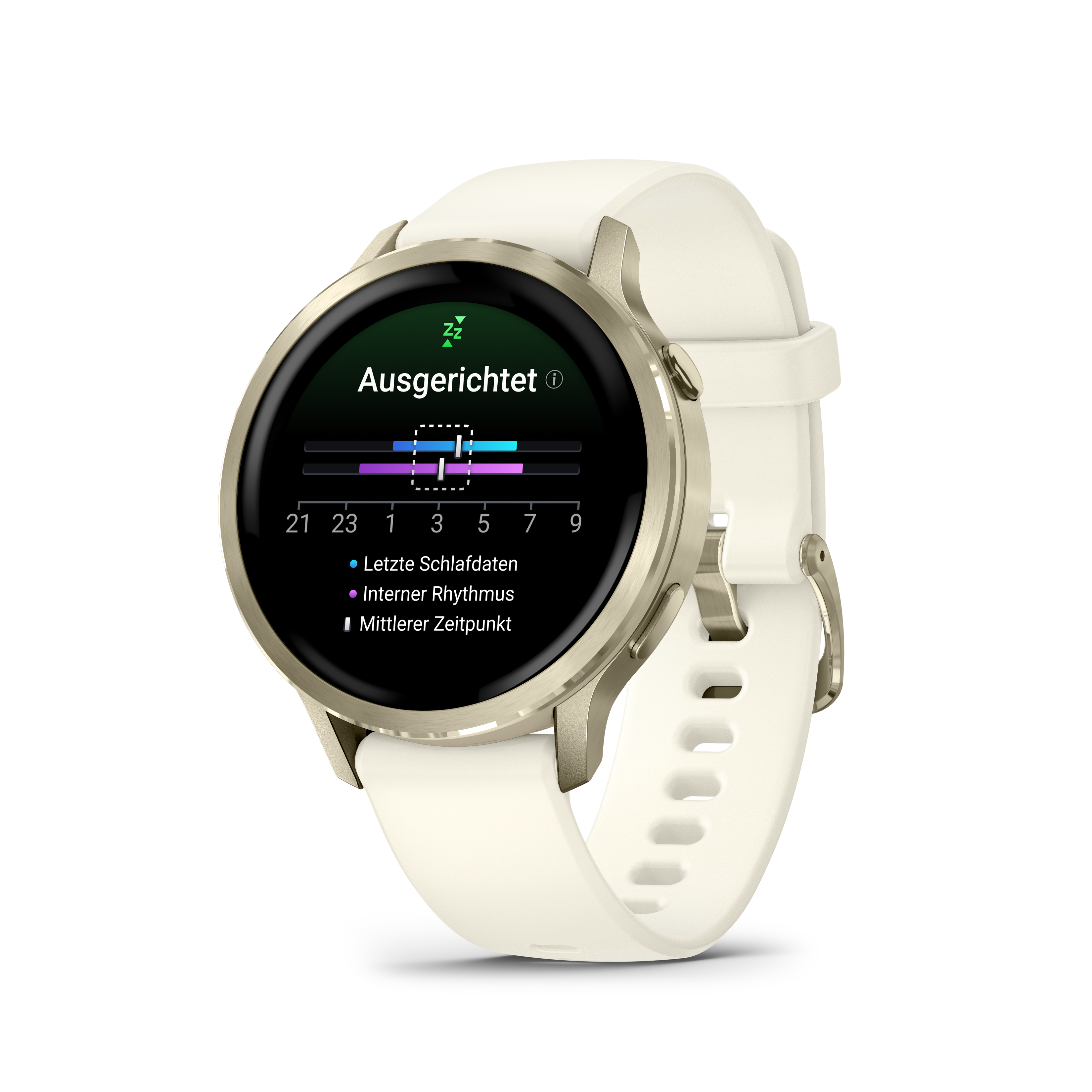 Eine cremefarbene Smartwatch zeigt Schlafdaten mit weißem Armband und Metallrahmen vor schwarzem Hintergrund.