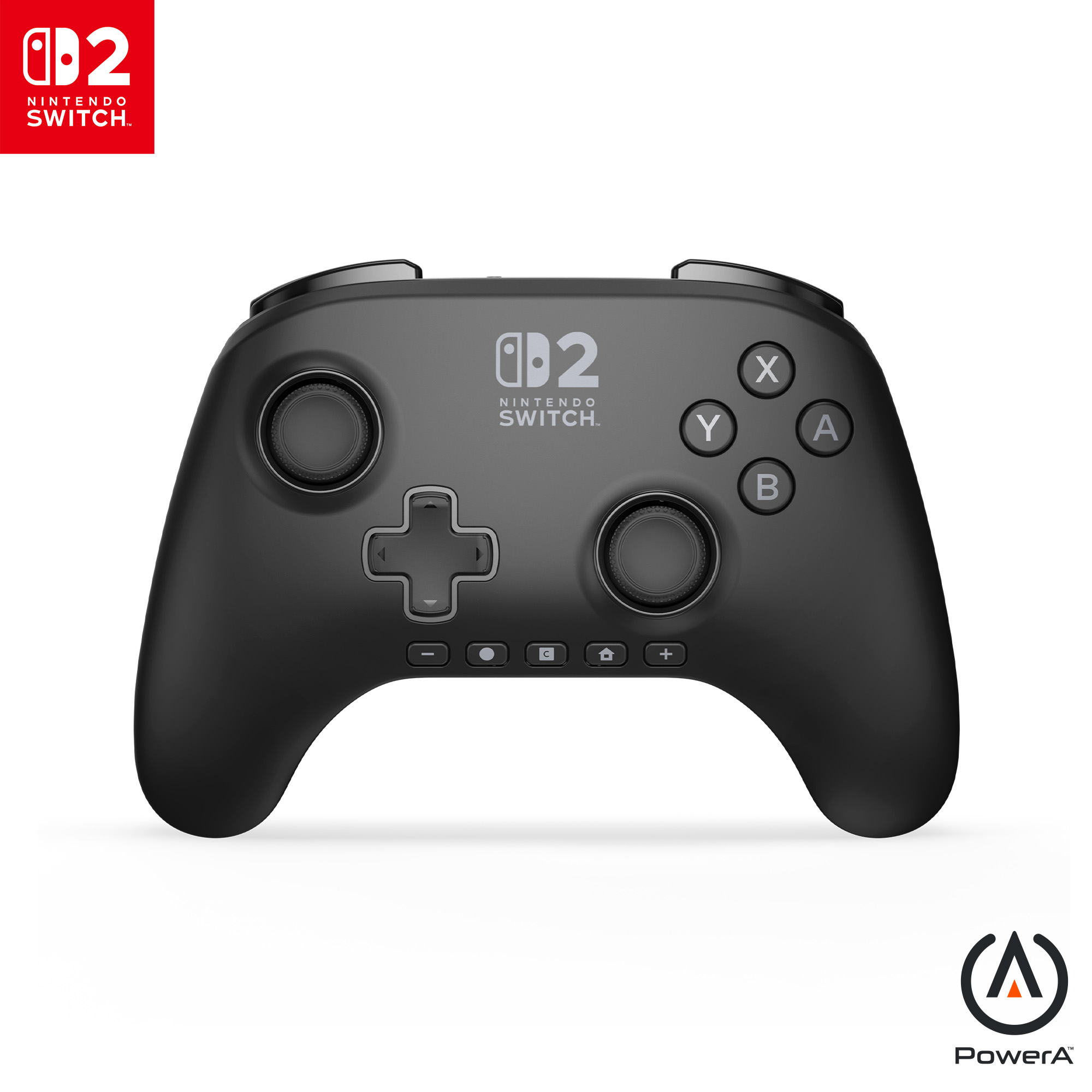 Schwarzer Nintendo Switch Controller. Enthält Knöpfe, Joysticks und das Nintendo Switch Logo. PowerA Logo unten.