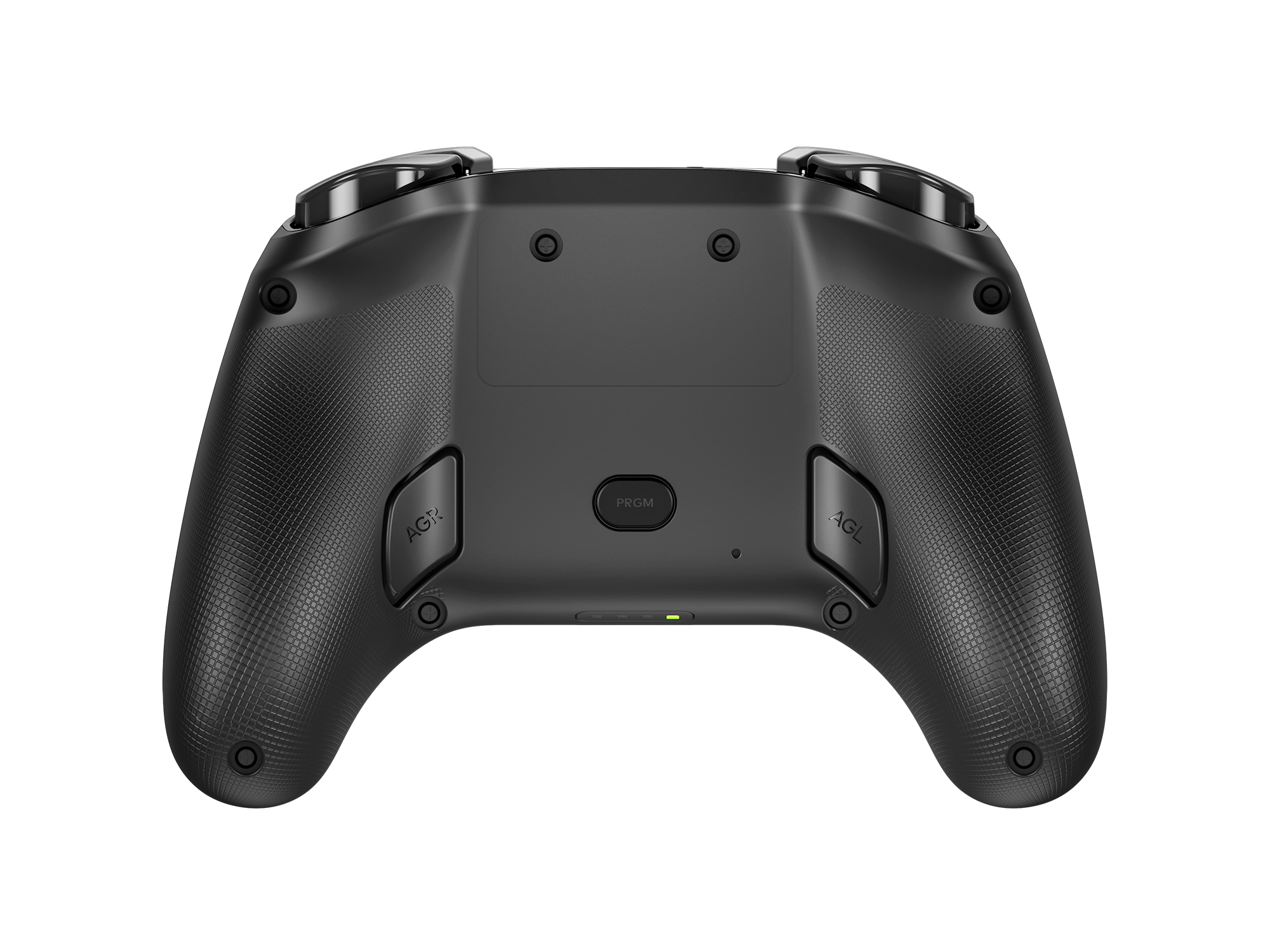 Rückansicht eines schwarzen Gamecontrollers. Mit Knöpfen, strukturierten Griffen und einer 'PRGM'-Taste mit grünem Licht.