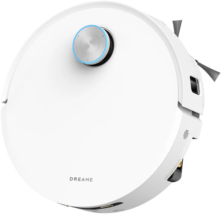 Aspirapolvere robotico Dreame bianco. Ha forma rotonda con un pulsante centrale e spazzole laterali, isolato su bianco.