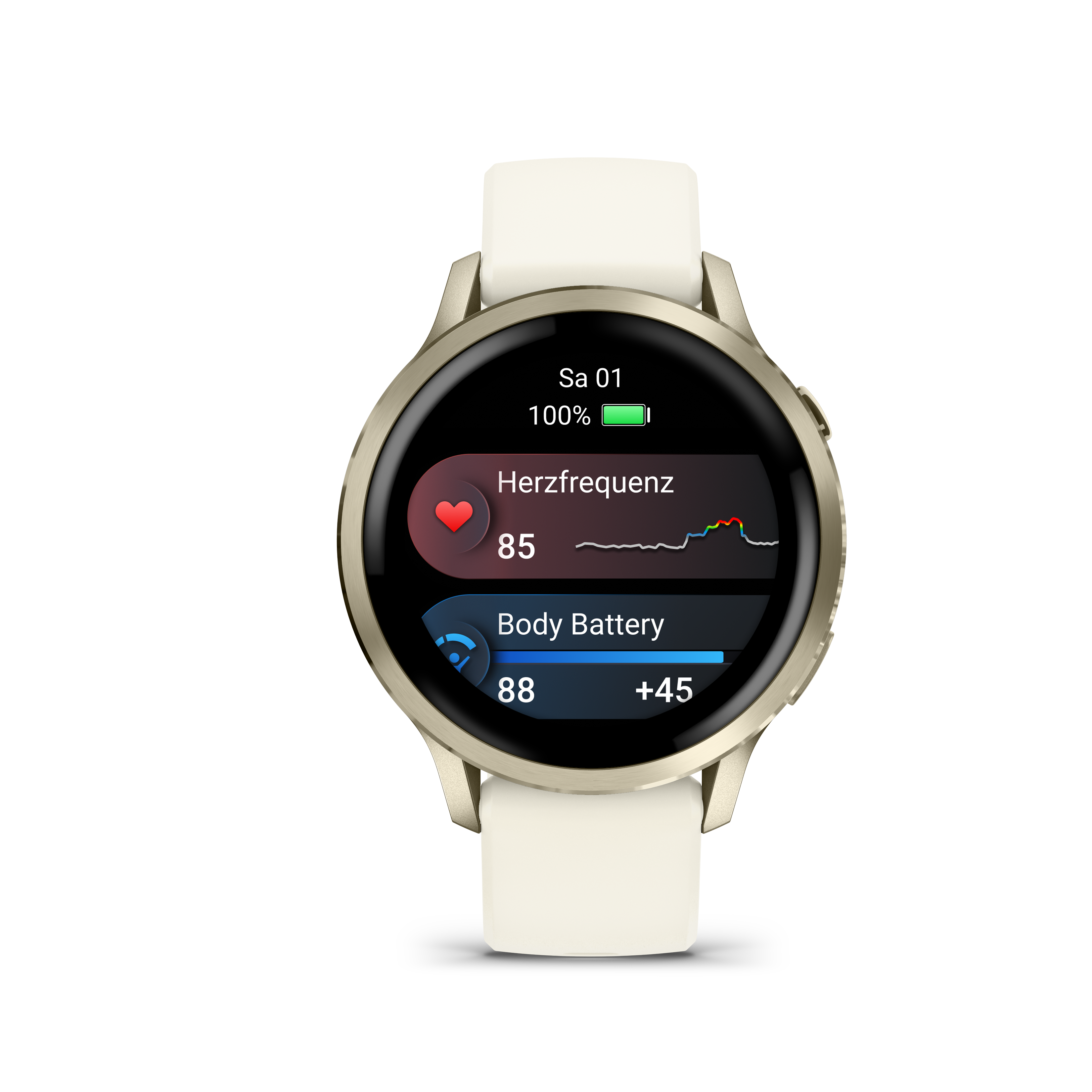 Eine Smartwatch zeigt Herzfrequenz, Körperbatterie und Uhrzeit an. Sie hat ein goldfarbenes Gehäuse und ein weißes Armband.