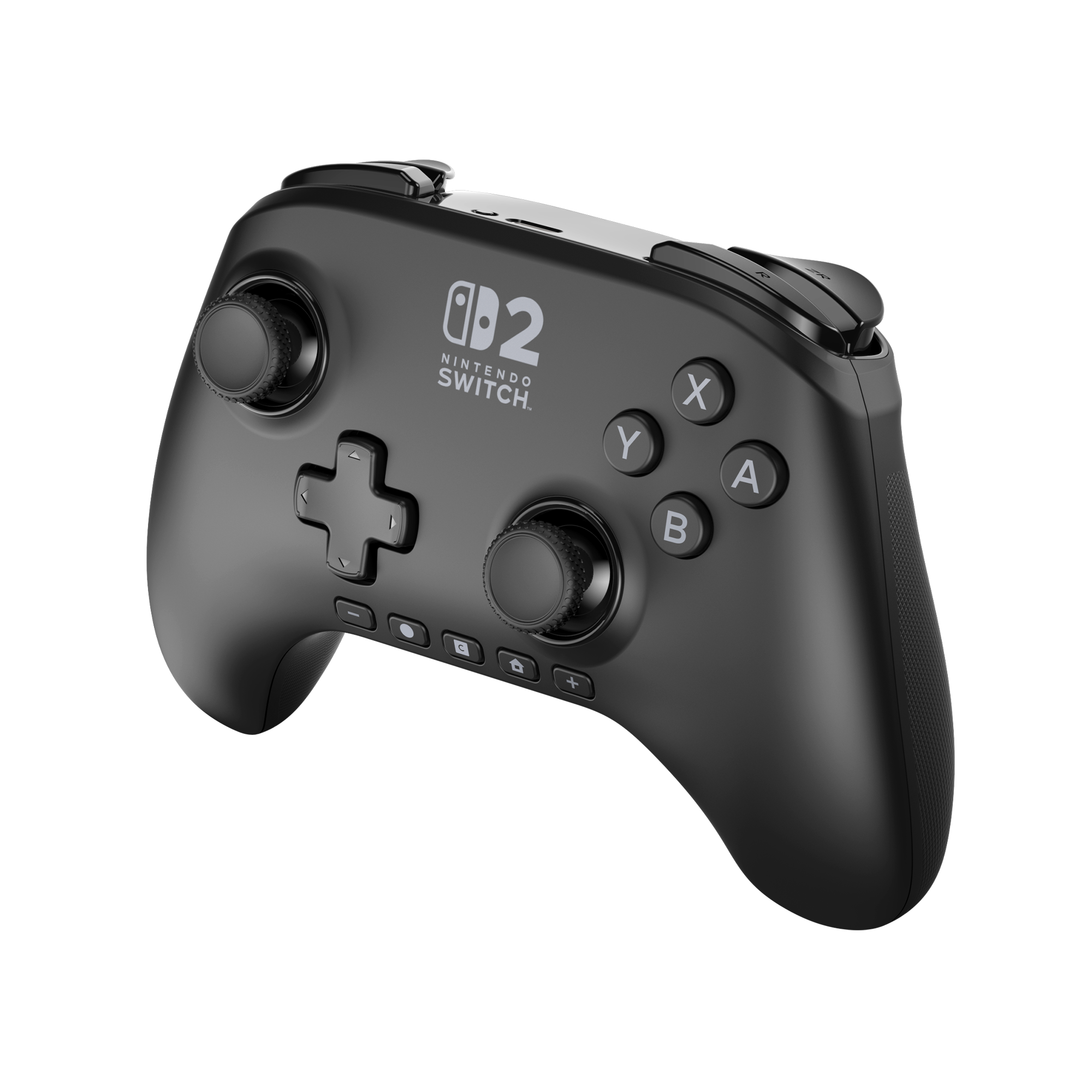 Ein schwarzer Nintendo Switch-Controller mit Knöpfen, Joysticks und dem Switch-Logo. Es hat ein schlankes, ergonomisches Design.