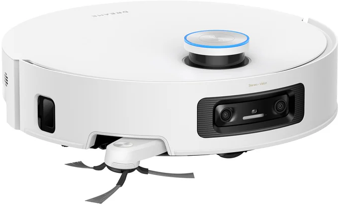 Un aspirapolvere robotico bianco. Ha una forma rotonda. Ha una fotocamera nera davanti e un pulsante blu sopra.