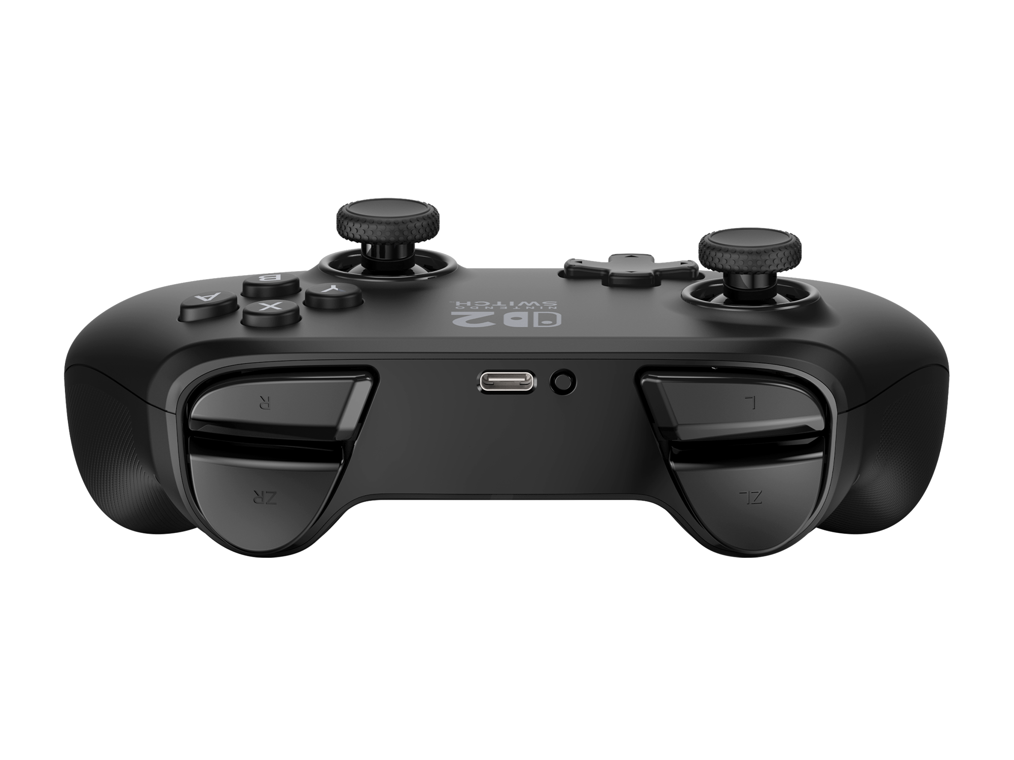 Ein schwarzer Nintendo Switch-Controller. Er hat Knöpfe, Joysticks und Auslöser. Das Design ist symmetrisch.