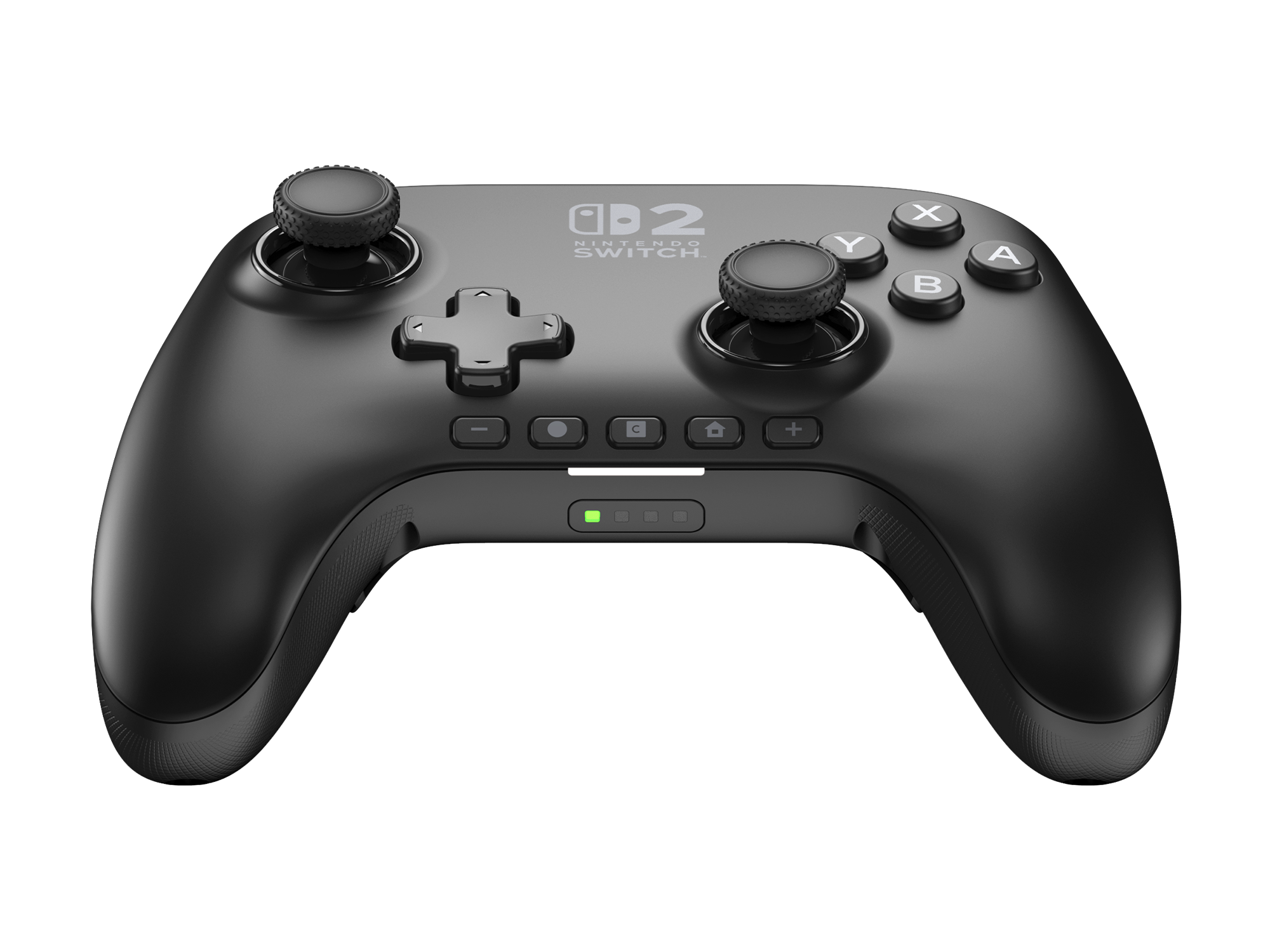 Schwarzer Nintendo Switch-Controller. Mit Knöpfen, Joysticks und Steuerkreuz. Das Nintendo Switch-Logo ist sichtbar.