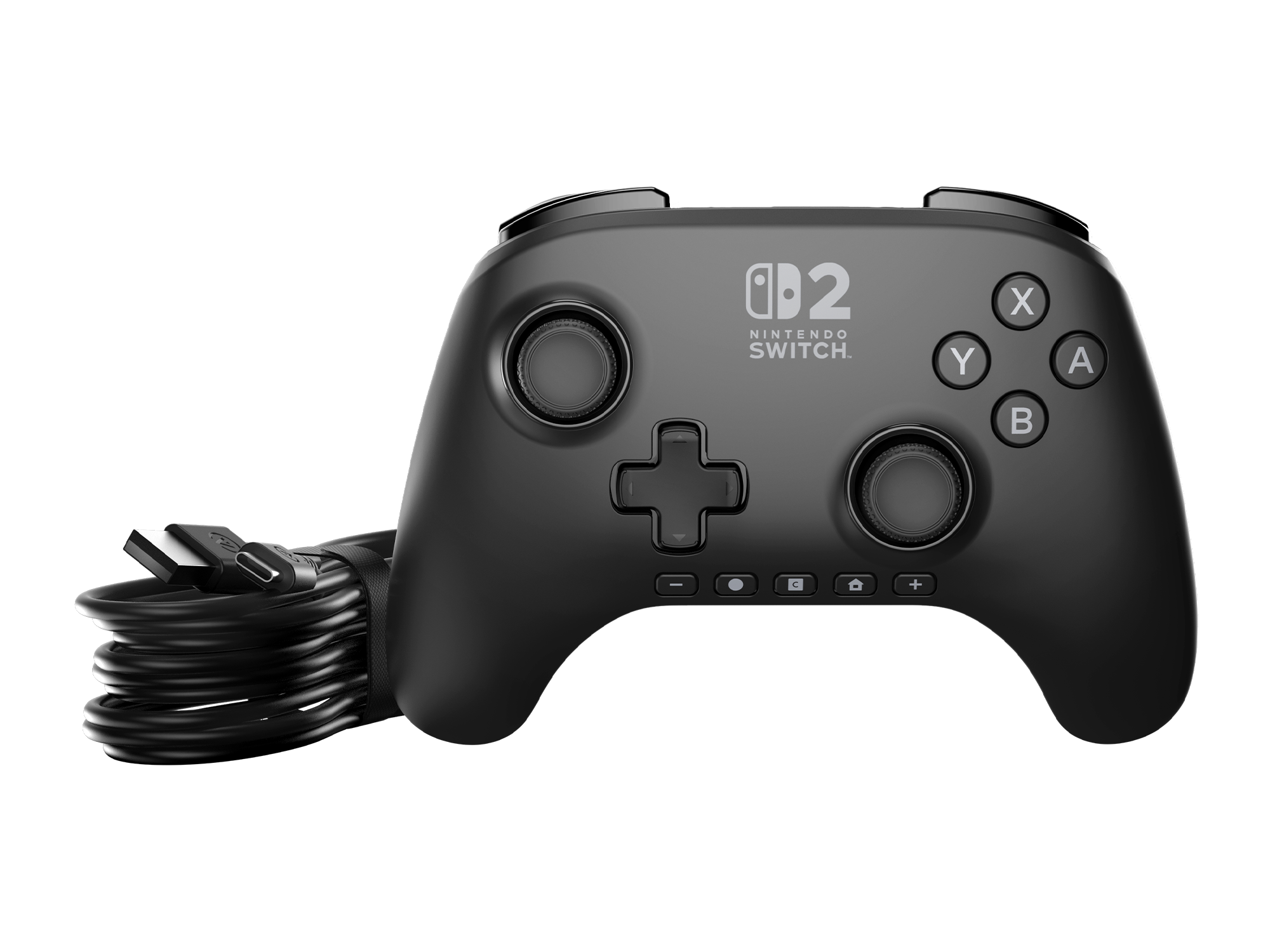 Schwarzer Nintendo Switch-Controller mit Knöpfen, Joysticks und einem Ladekabel. Der Hintergrund ist ein Farbverlauf.