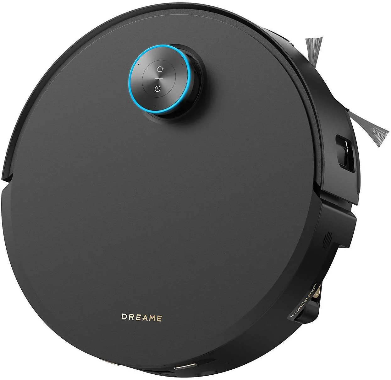 Un aspirateur robot circulaire noir avec un panneau de contrôle central. Le mot DREAME est écrit sur le corps.