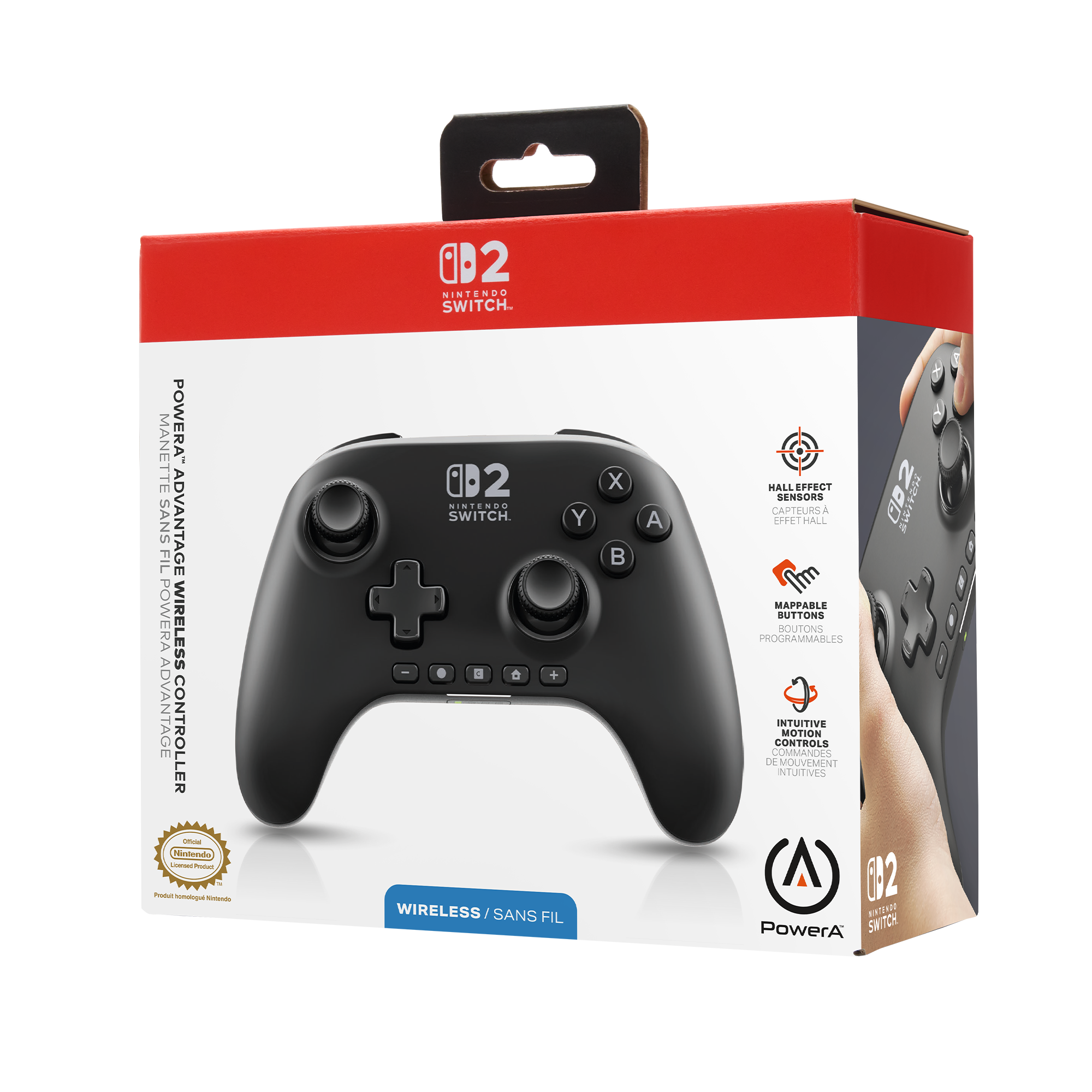 Ein schwarzer PowerA-Wireless-Controller für Nintendo Switch wird auf einer Schachtel gezeigt. Funktionen sind aufgelistet.