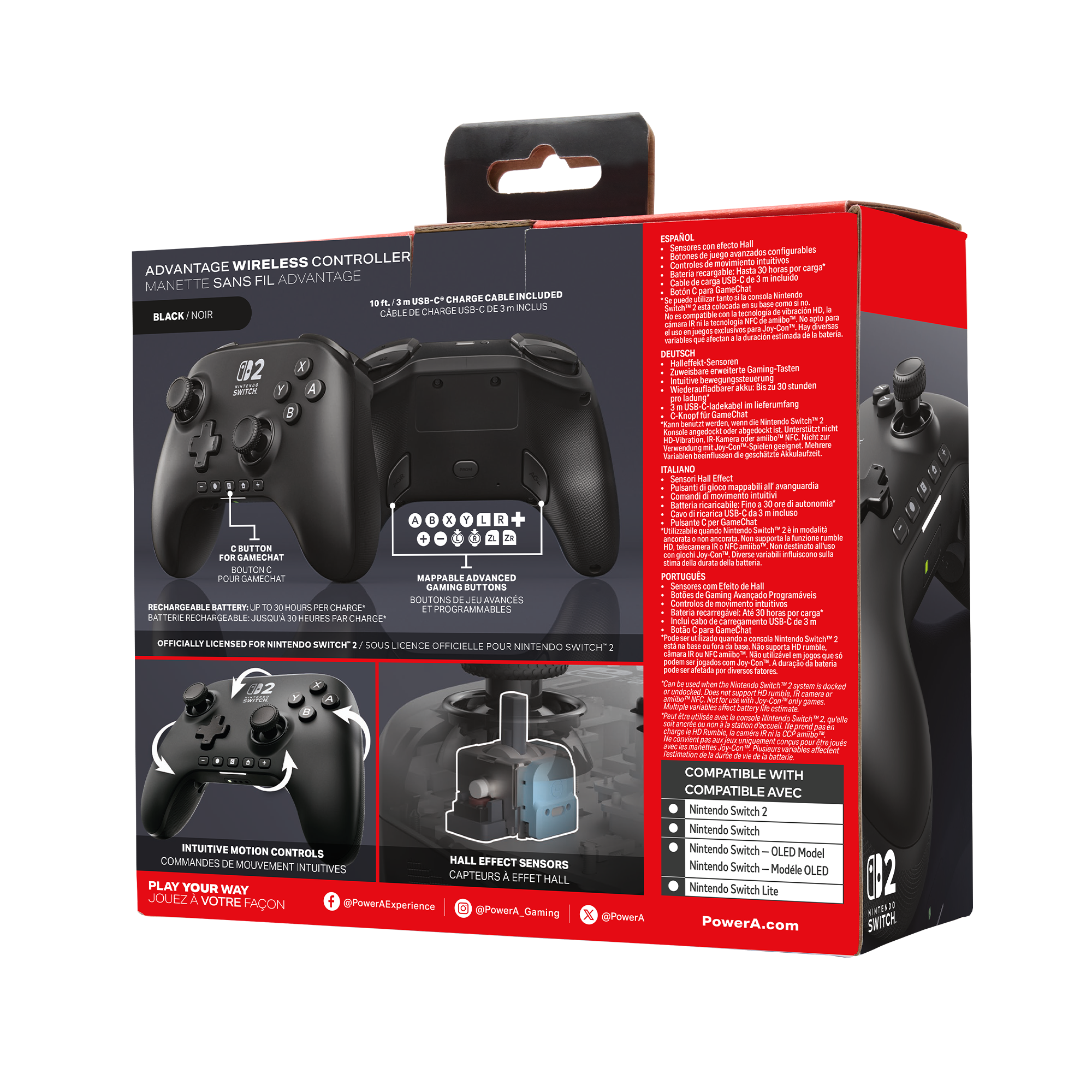 Schwarzer Nintendo Switch-Controller auf einer Box. Textdetails zum Controller und seinen Funktionen.