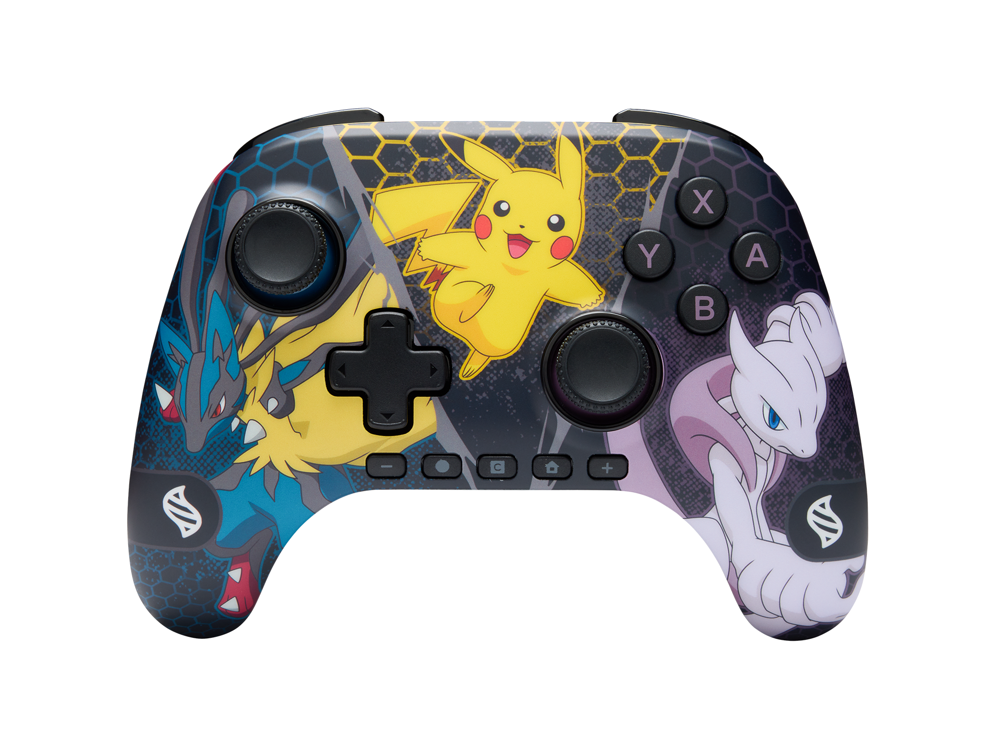 Ein Pokemon-Controller. Pikachu, Lucario und Mewtwo sind abgebildet. Knöpfe: X, Y, A, B, plus Steuerungstasten.