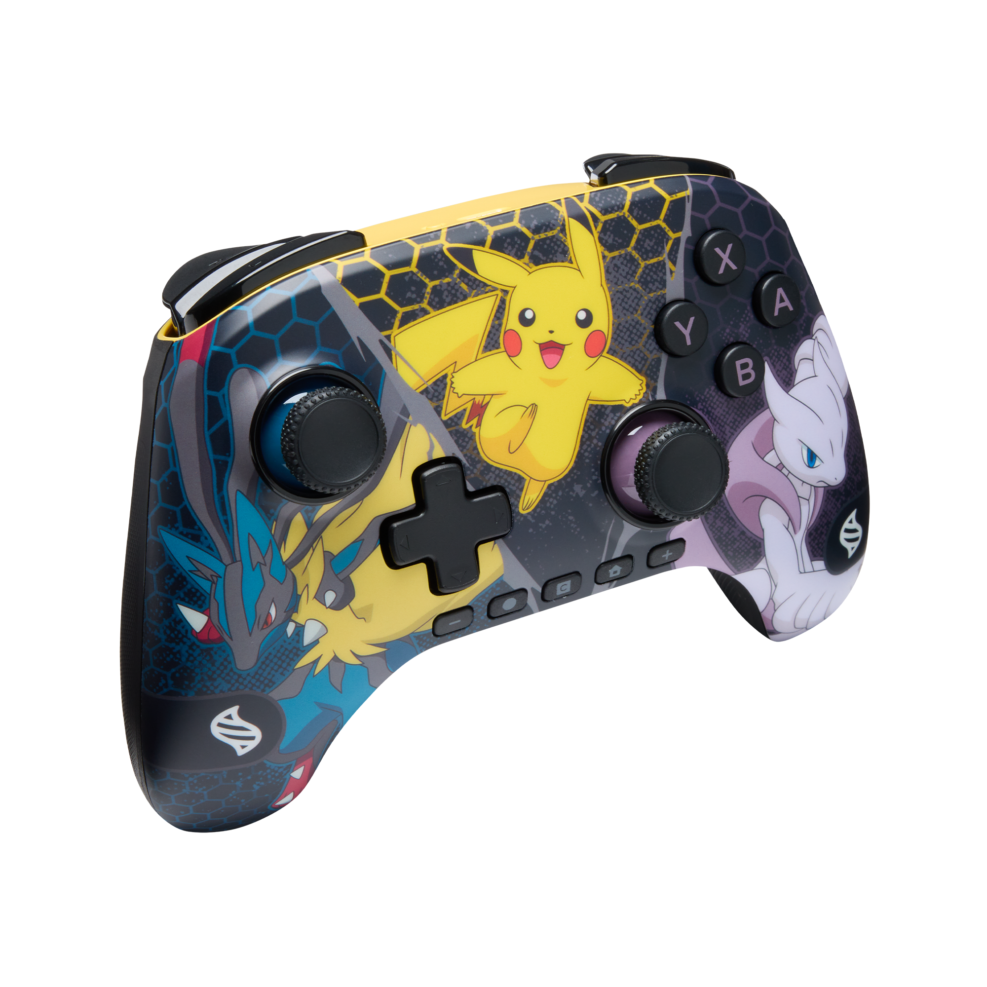 Ein Controller im Pokémon-Design mit Pikachu, Lucario und Mewtwo. Er hat Tasten, Joysticks und ein Steuerkreuz.