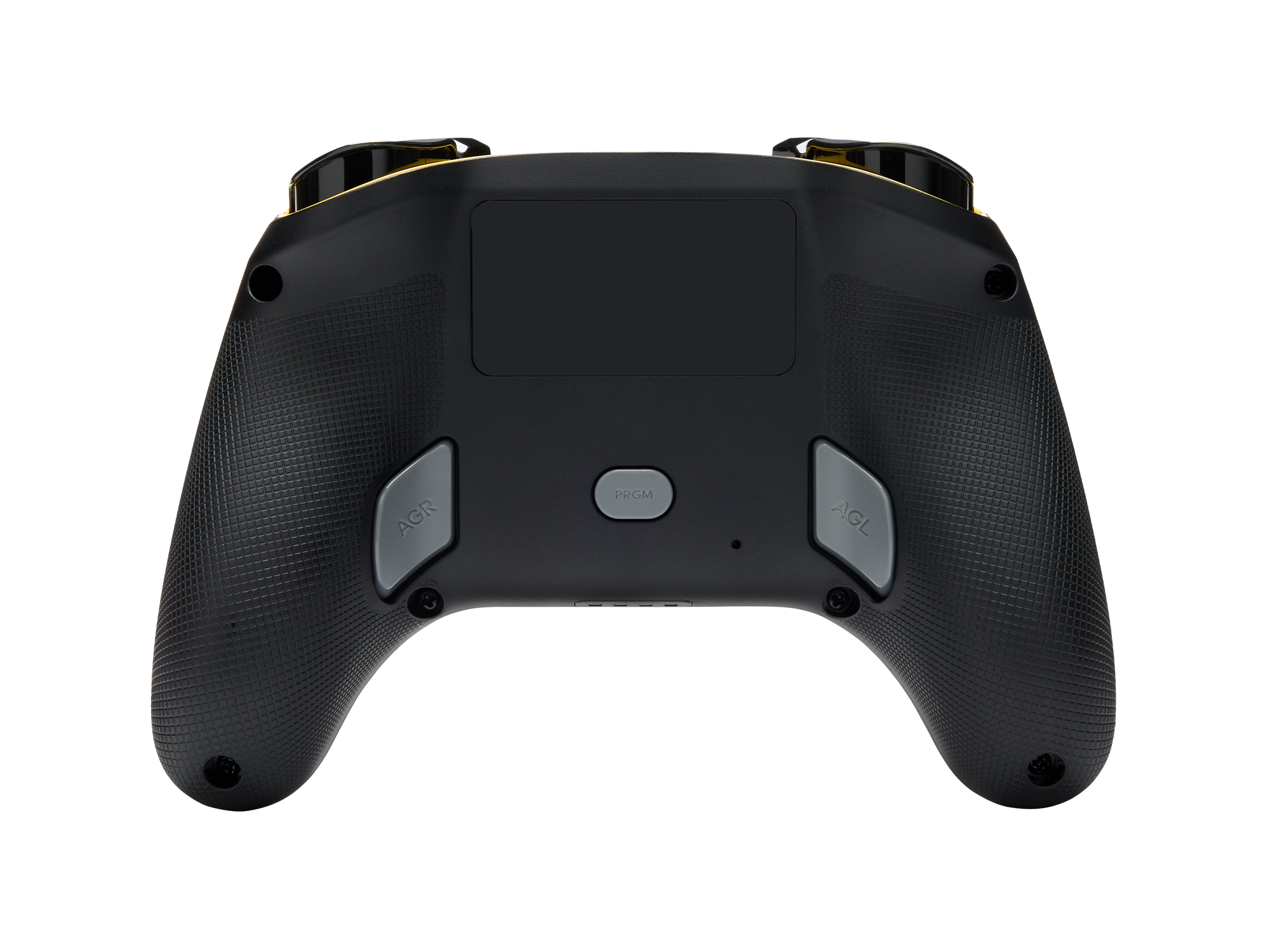 Rückseite des schwarzen Gamecontrollers. Graue Tasten, darunter AGR, PRGM und AGL. Ein schwarzes Rechteck in der Mitte.