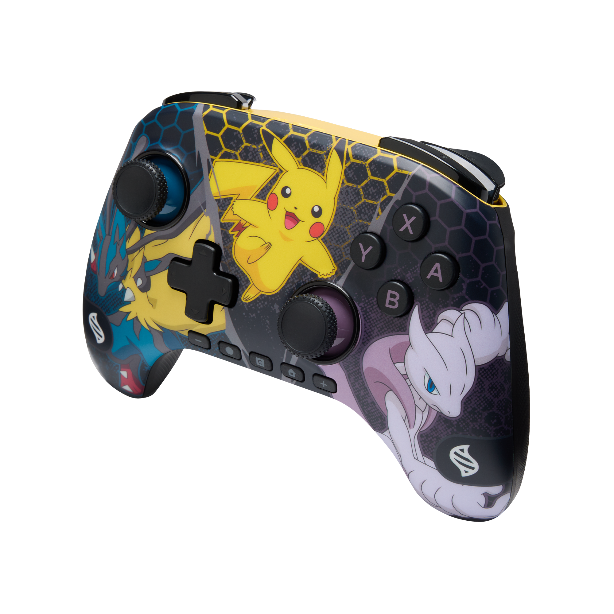 Ein Controller im Pokemon-Design mit Pikachu, Lucario und Mewtwo. Schwarze Knöpfe und Joysticks. Sechseckmuster Hintergrund.