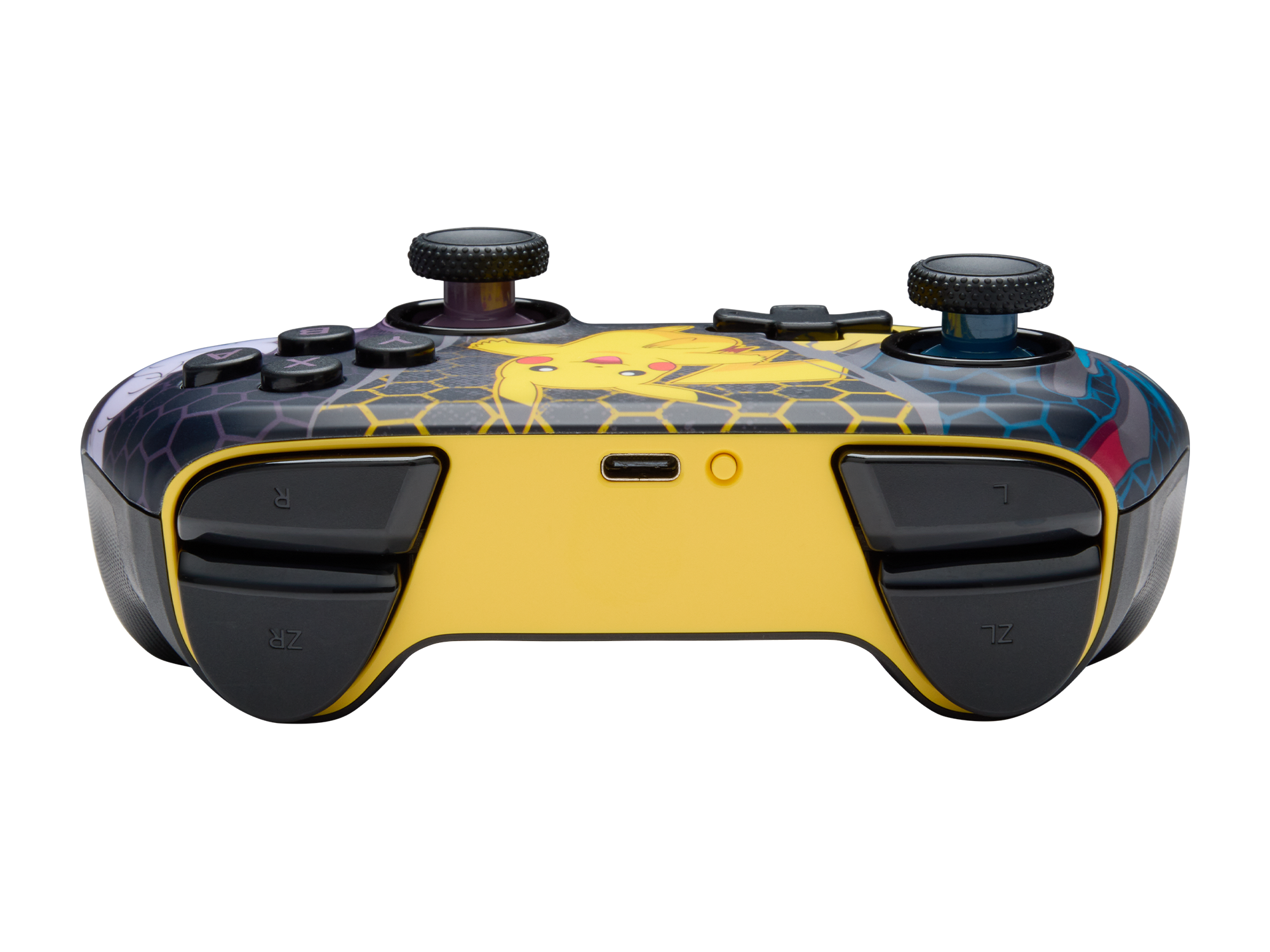 Ein gelb-schwarzer Nintendo Switch-Controller mit Pikachu-Design. Mit schwarzen Knöpfen, Thumbsticks und einem USB-C-Anschluss.