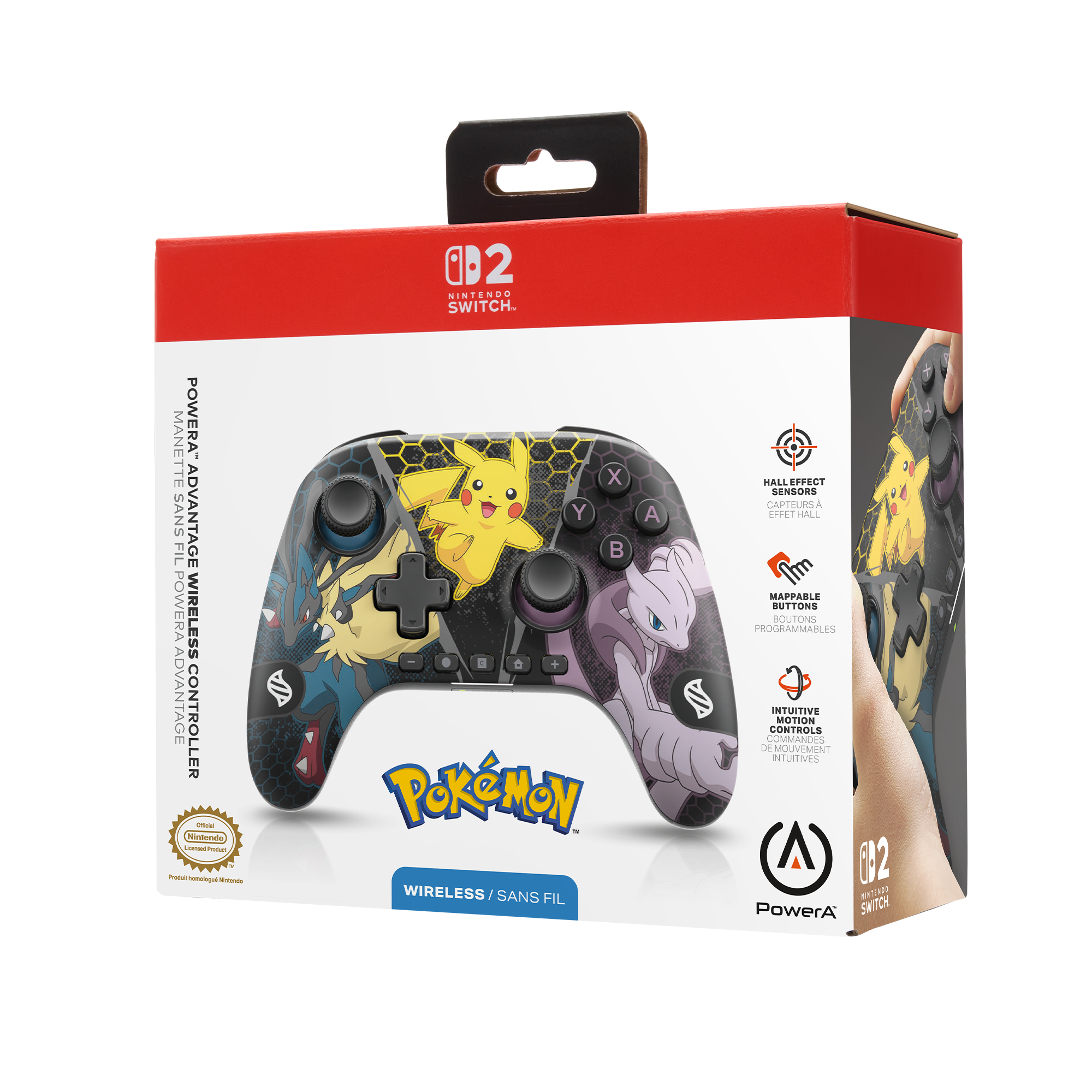 Die Box zeigt einen kabellosen Pokemon-Controller für Nintendo Switch. Pikachu, Mewtwo und Lucario sind abgebildet.