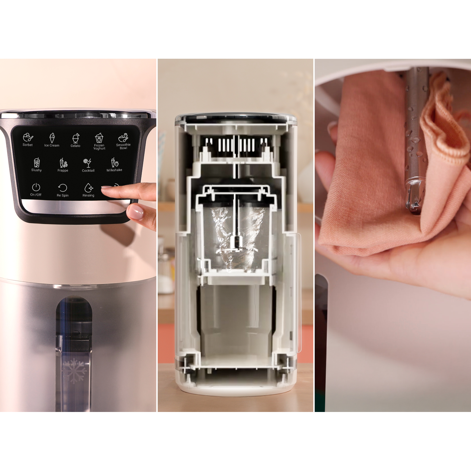 Een afbeelding met meerdere panelen toont een keukenapparaat en zijn componenten. Een hand drukt op de knop 'Rinsing'.