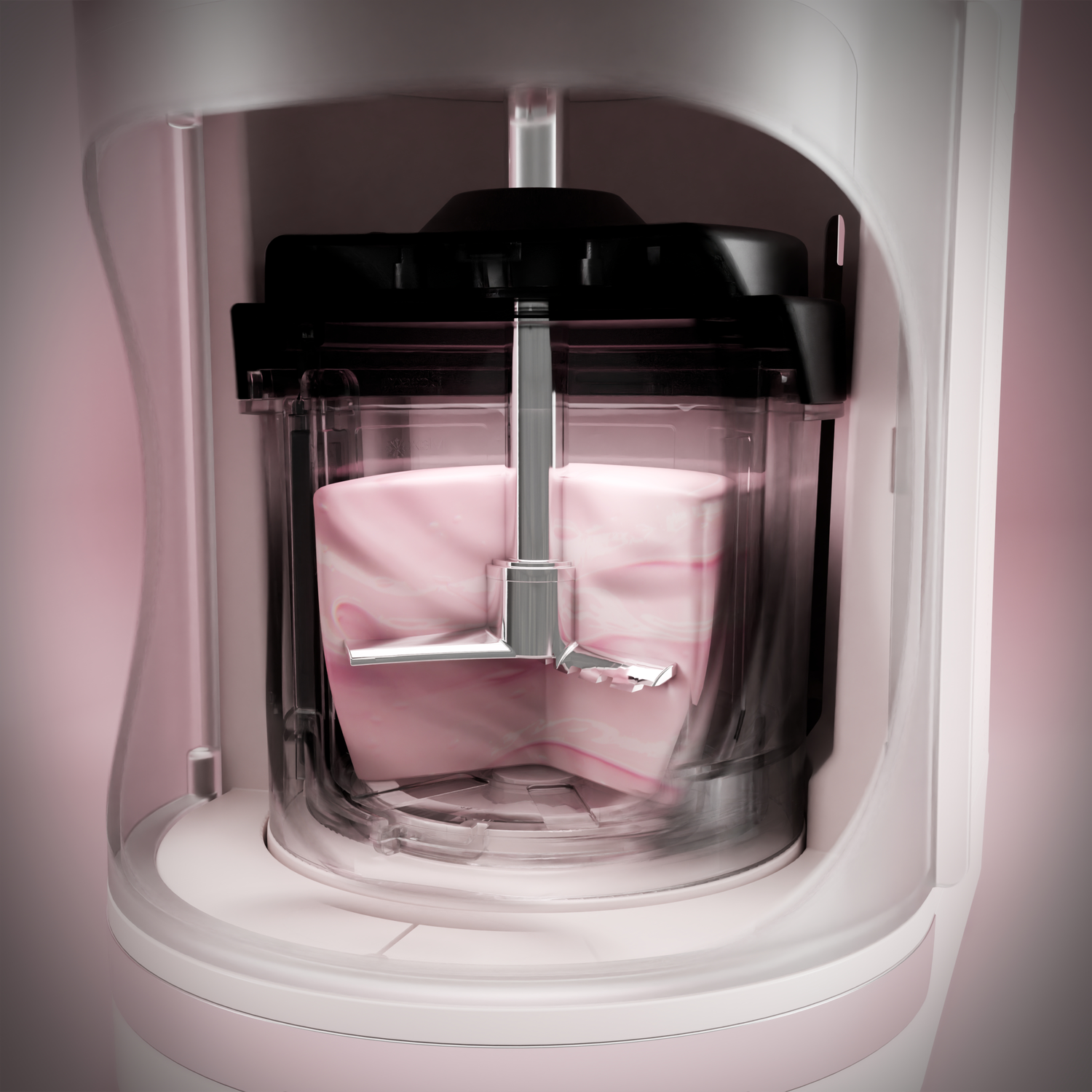 Binnenkant van een ijsmaker, met een doorzichtige container vol roze, gewerveld ijs. Er zit een metalen mes in en de machine is roze.