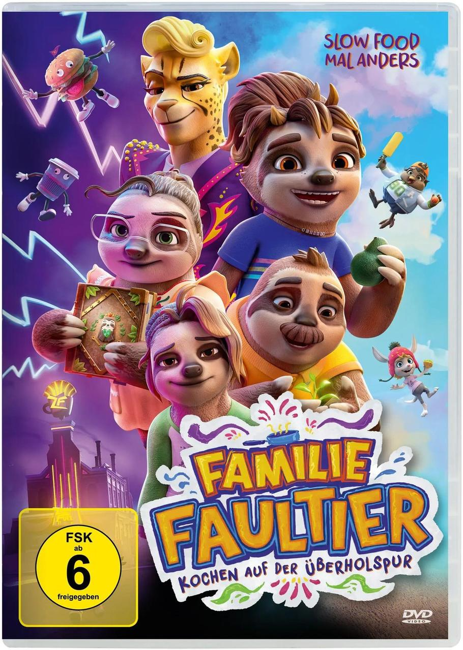 Filmcover mit Cartoon-Faultieren, Gepard und Hase. Der Text lautet 'Familie Faultier' und 'Kochen auf der Überholspur'.